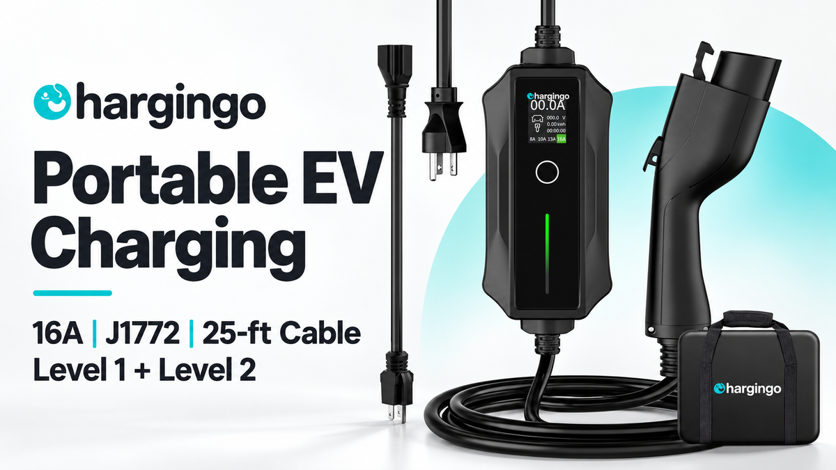 Chargingo 16A portable J1772 EV charger with a 25-foot cable and carrying case. Level 1 + Level 2.