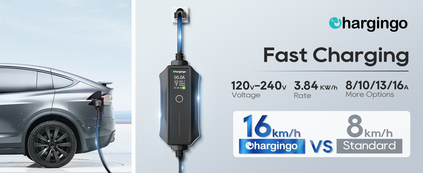 Chargingo 16A portable EV charger with 120V-240V fast charging for Tesla and electric vehicles