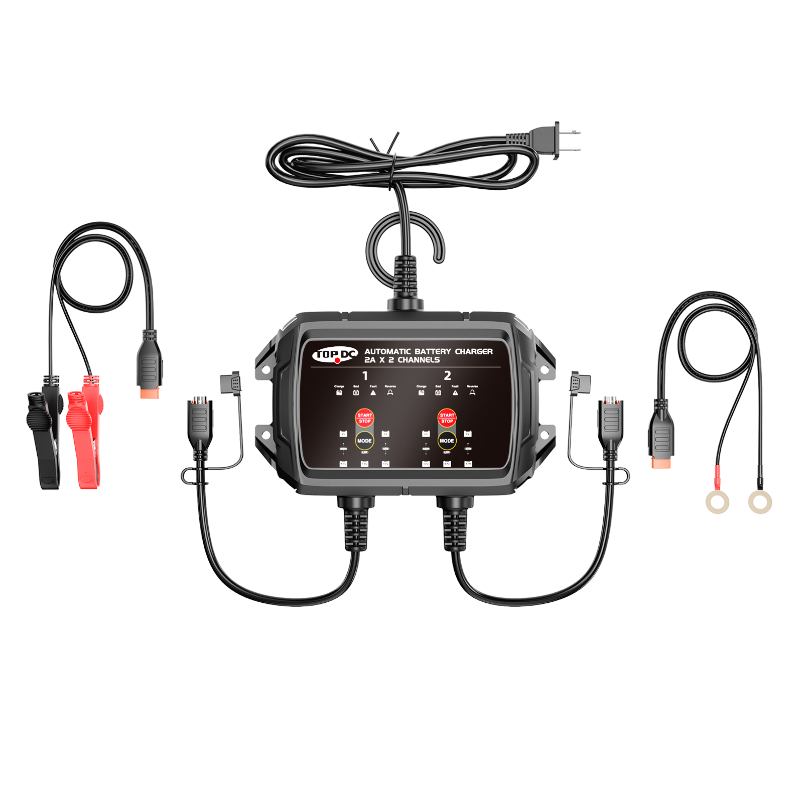 TOPDC dual-bank 4A smart battery charger with dual independent charging channels