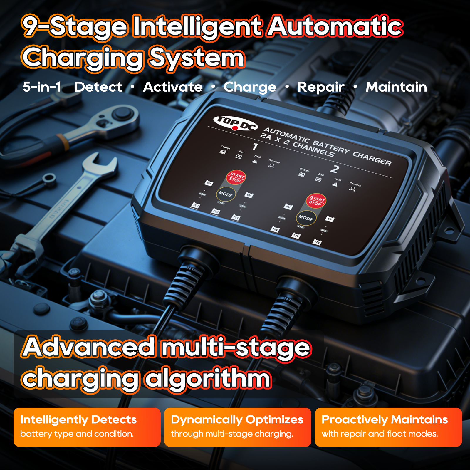 TOPDC 9-stage automatic battery charging and maintenance system