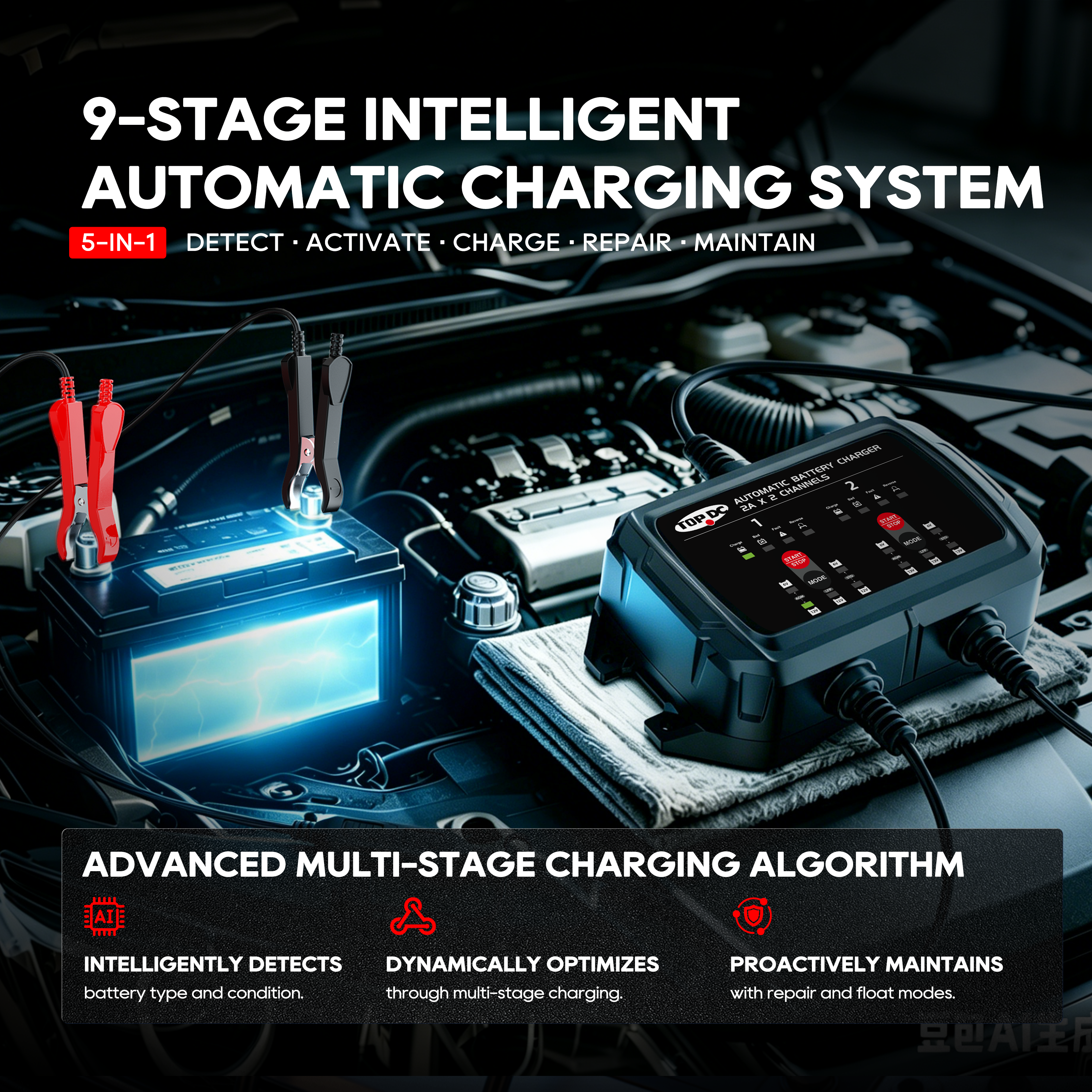 TOPDC 2-Bank 4A 6V/12V Battery Charger for Dual-Battery Care