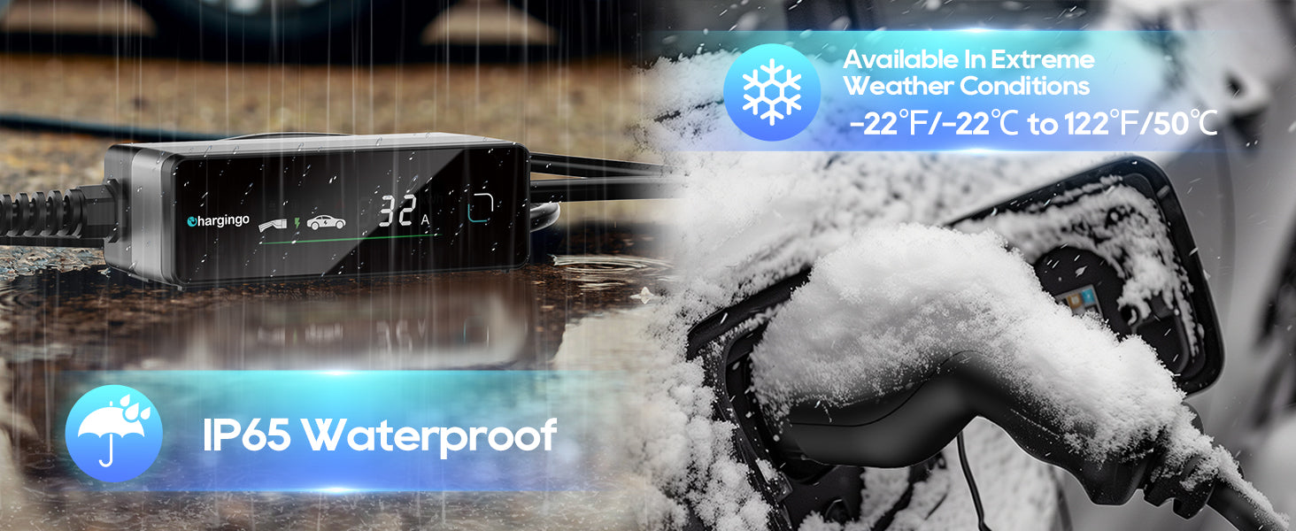 Chargingo IP65 waterproof 32A EV charger for extreme weather rain snow and outdoor charging