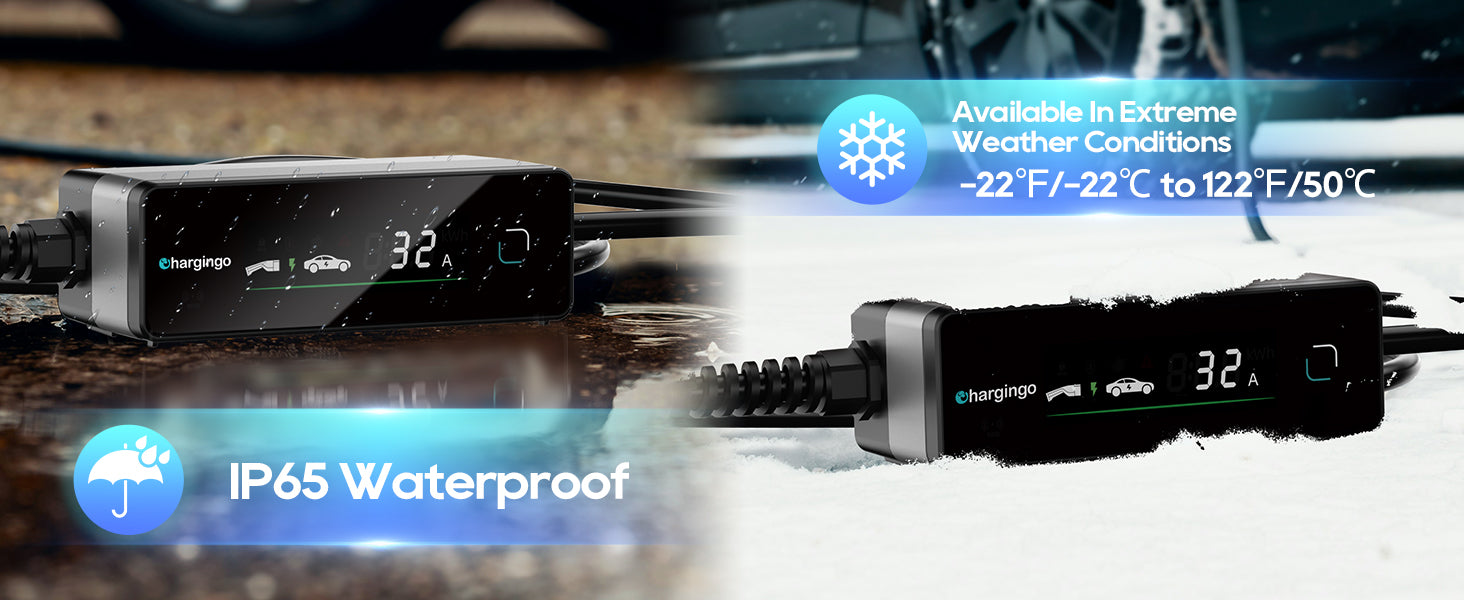 Chargingo IP65 waterproof Tesla charger for rain snow and extreme weather home EV charging