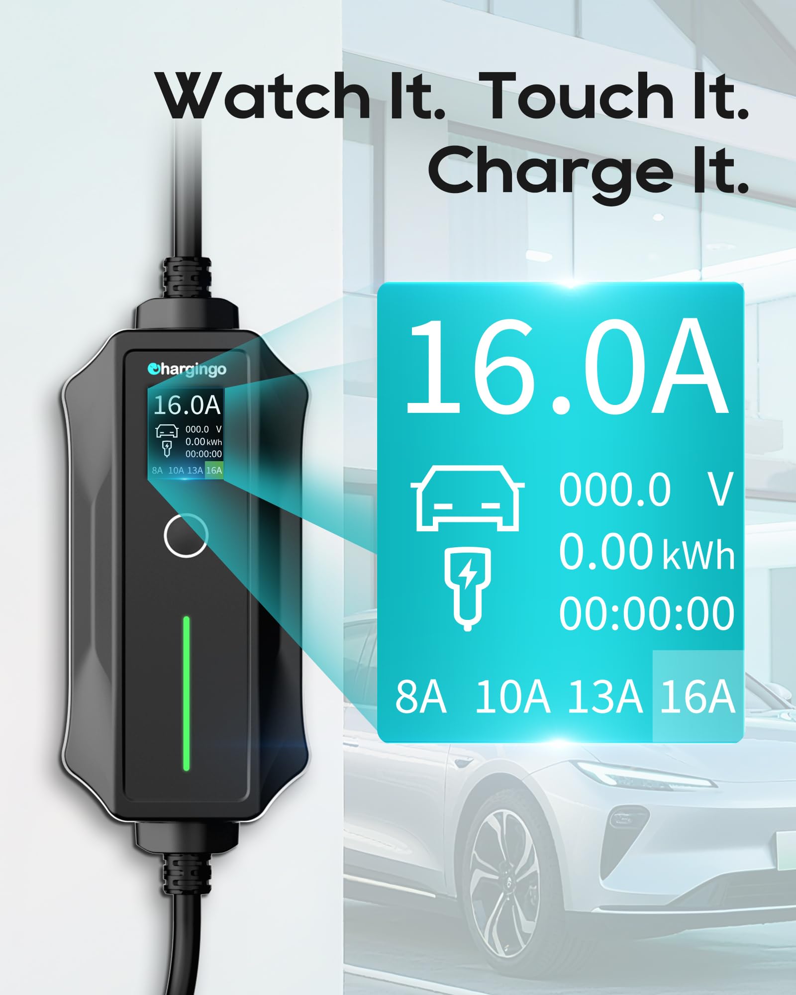 Chargingo 16A Portable EV Charger | 120V/240V Level 1+2, J1772, 25-ft Cable