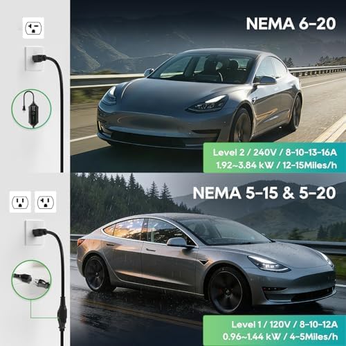Tesla Portable EV Charger Level 1/2, 16A NEMA 6-20 & 5-15, 25ft NACS