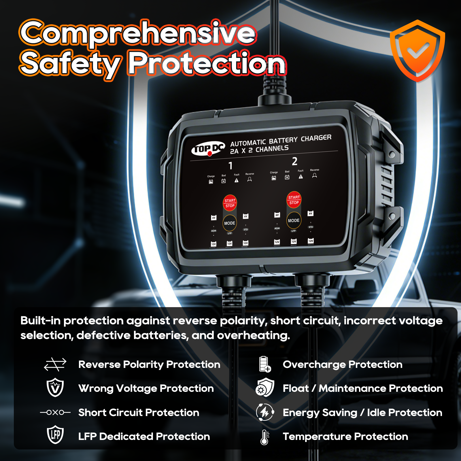 TOPDC battery charger with comprehensive safety protection features