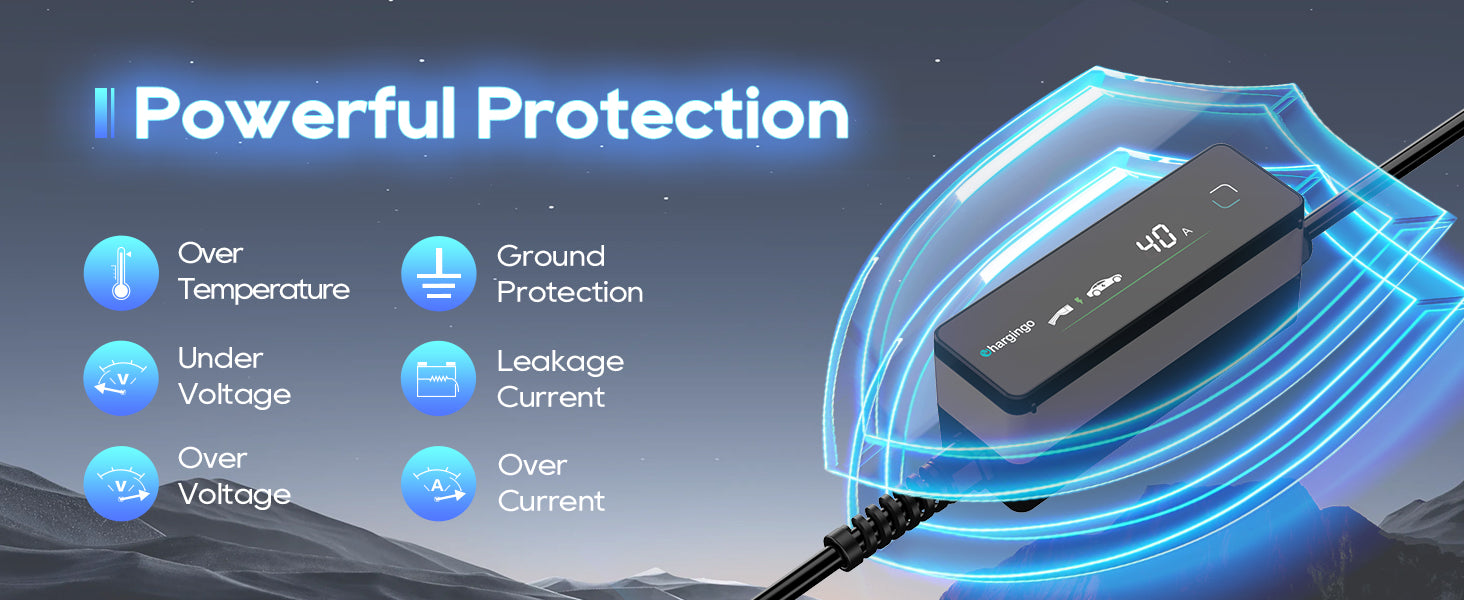 Chargingo 40A portable Tesla charger with protection against over current leakage voltage and overheating