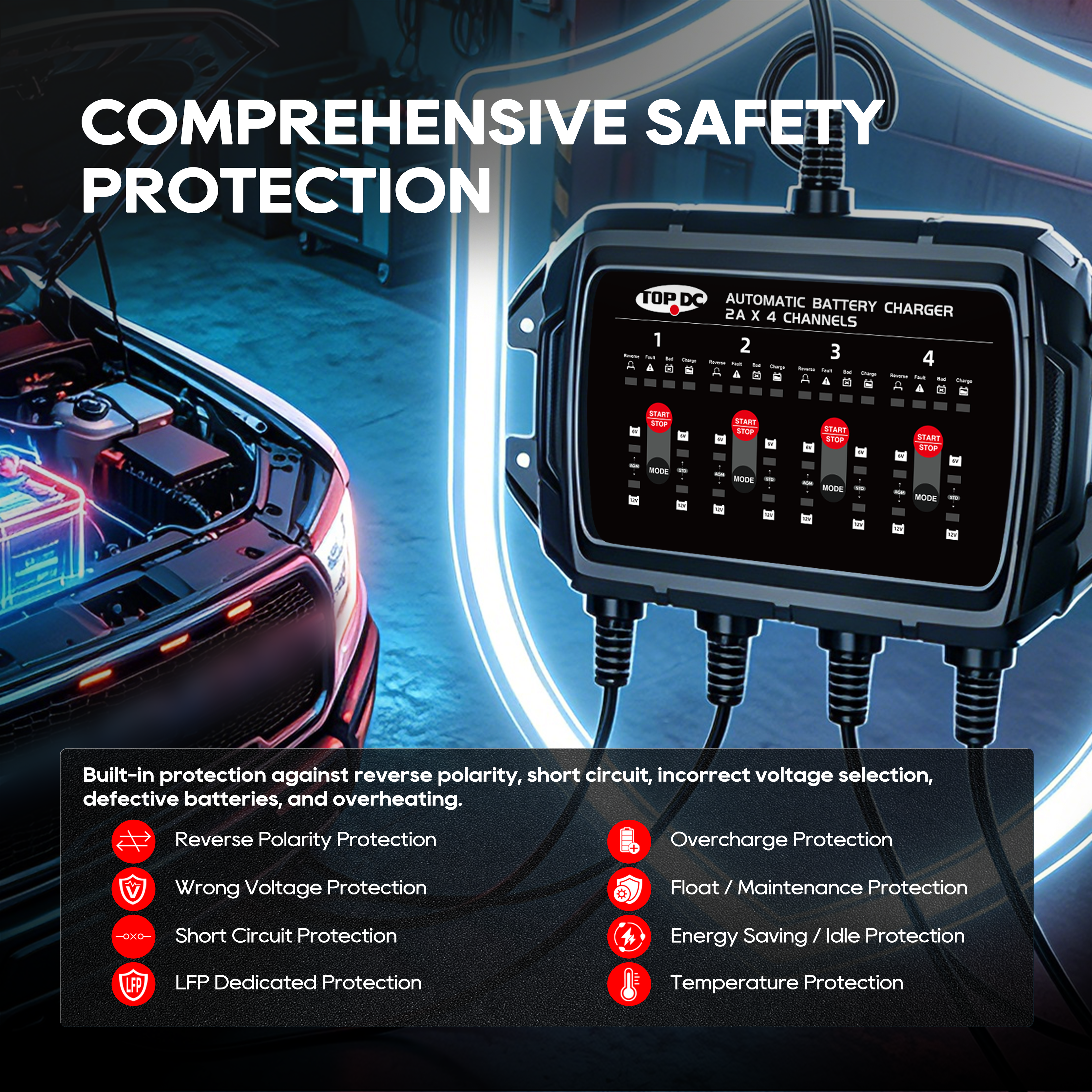 TOPDC 4-Bank 8A Battery Charger for Multi-Vehicle Care