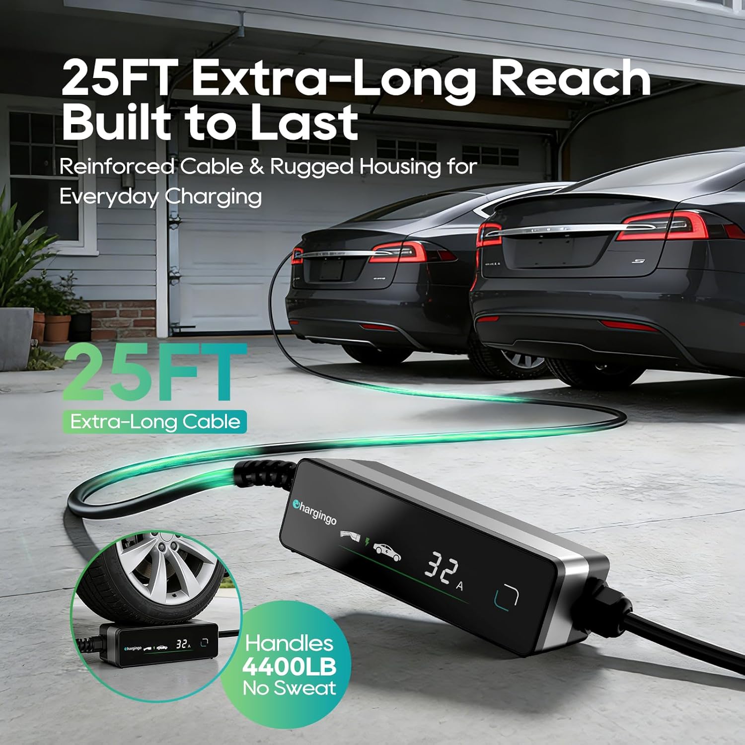 Portable Level 2 Tesla EV Charger 32A NEMA 14-50, 25ft NACS Adjustable