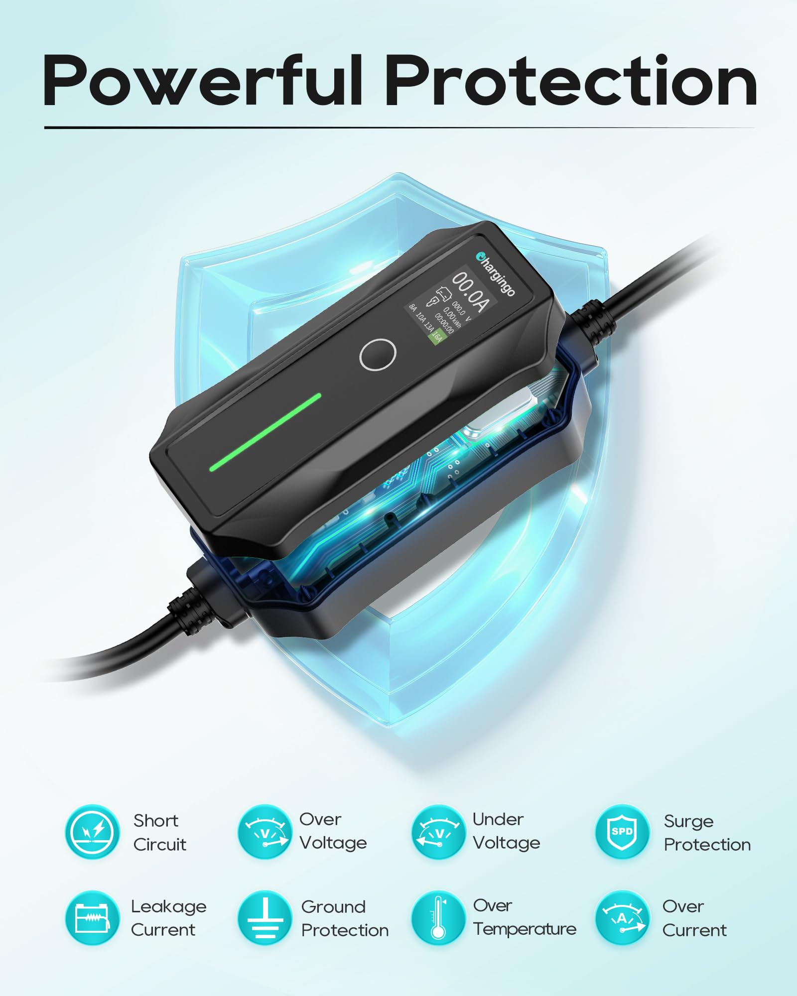 Chargingo 16A Portable EV Charger | 120V/240V Level 1+2, J1772, 25-ft Cable