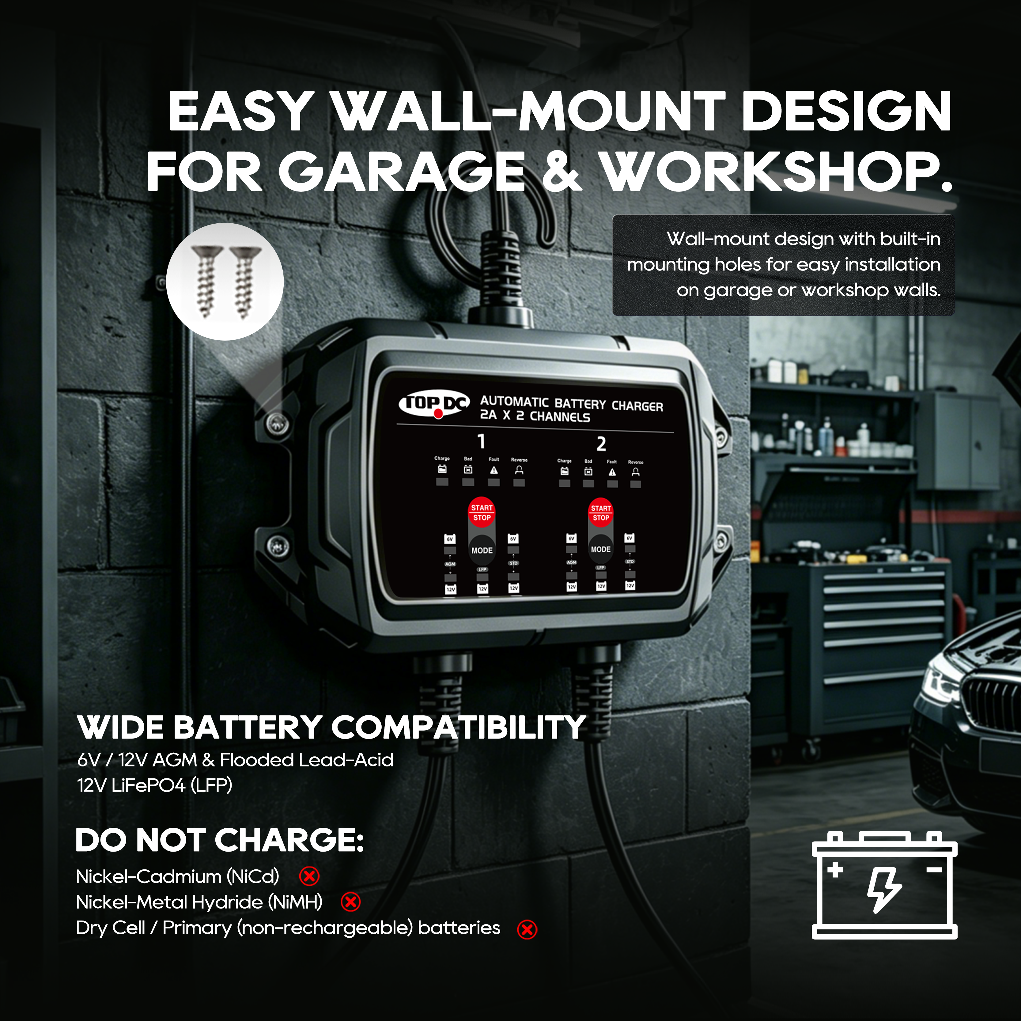 TOPDC 2-Bank 4A 6V/12V Battery Charger for Dual-Battery Care