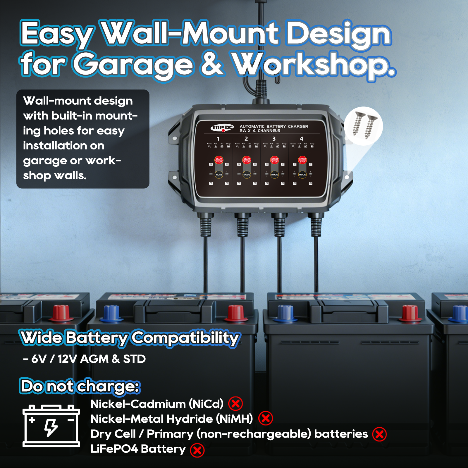 TOPDC wall-mount 4-bank battery charger for garage and workshop use