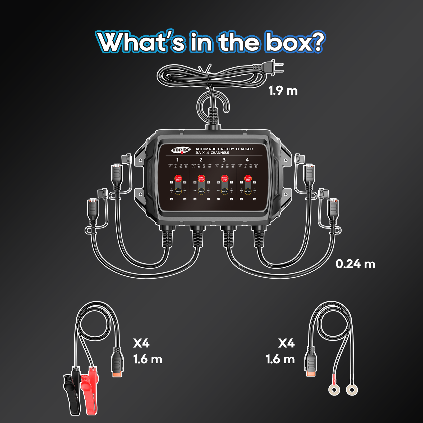 TOPDC 4-bank battery charger package contents with charging accessories