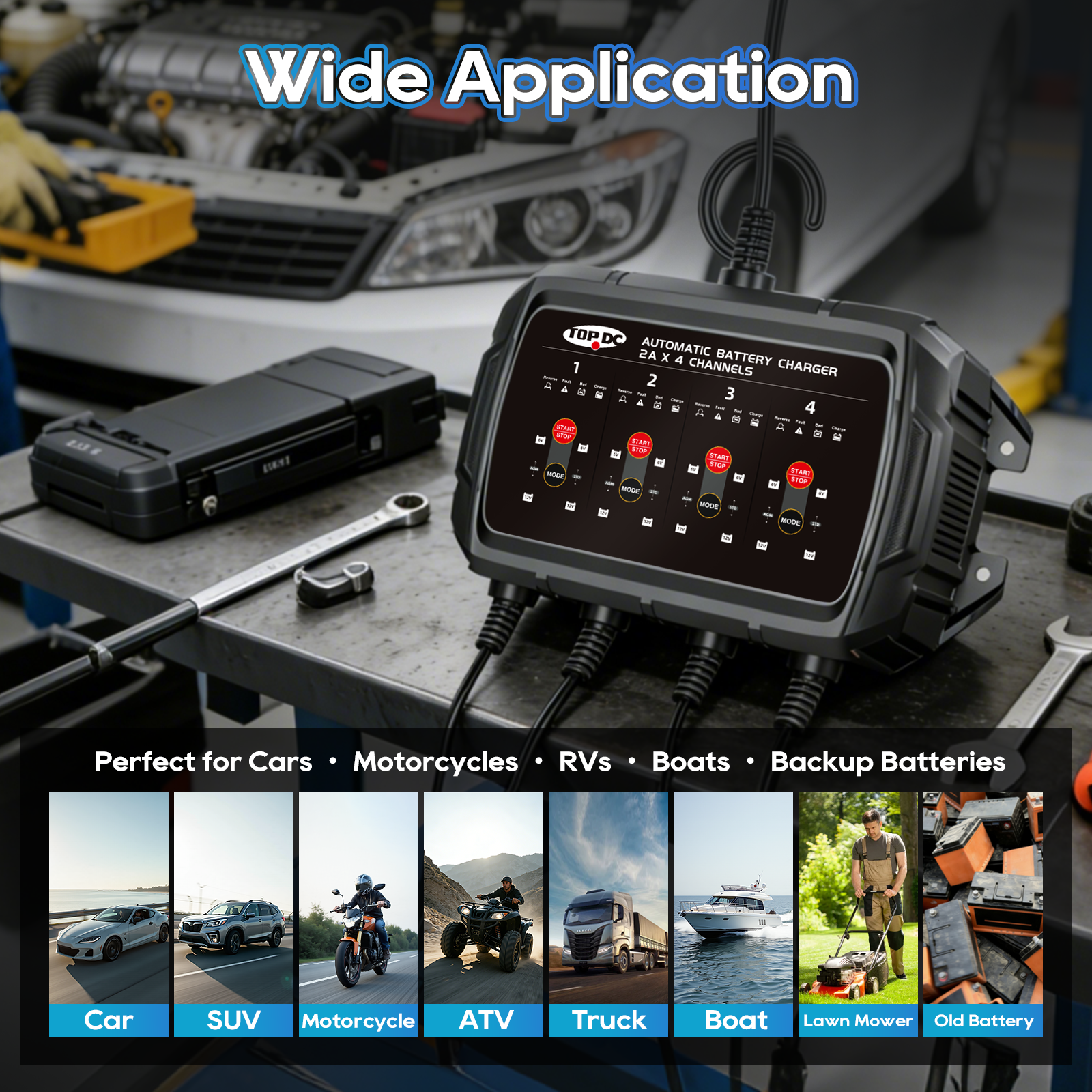 TOPDC smart charger for cars motorcycles boats ATVs trucks and lawn equipment