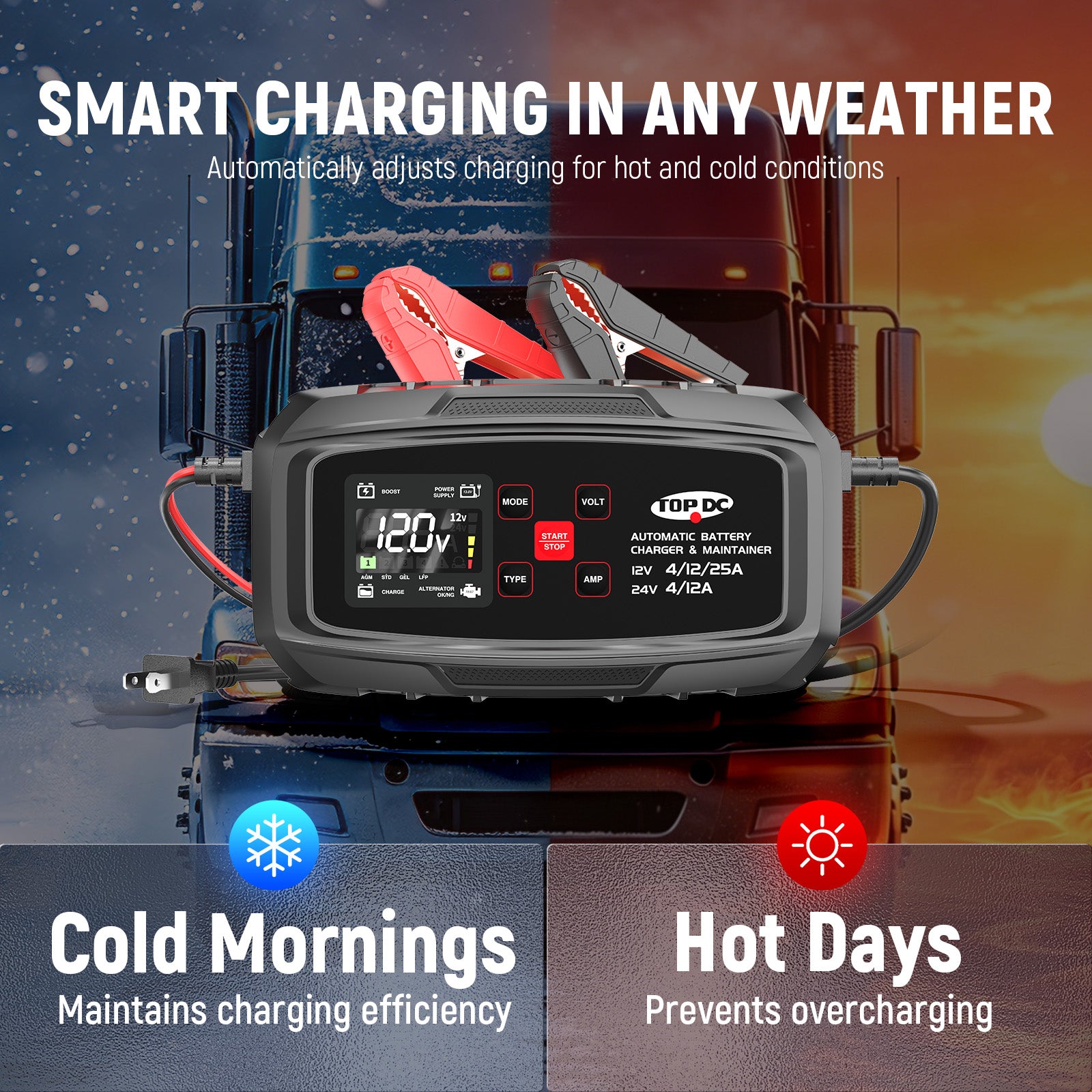 TOPDC smart battery charger with temperature compensation for all weather conditions