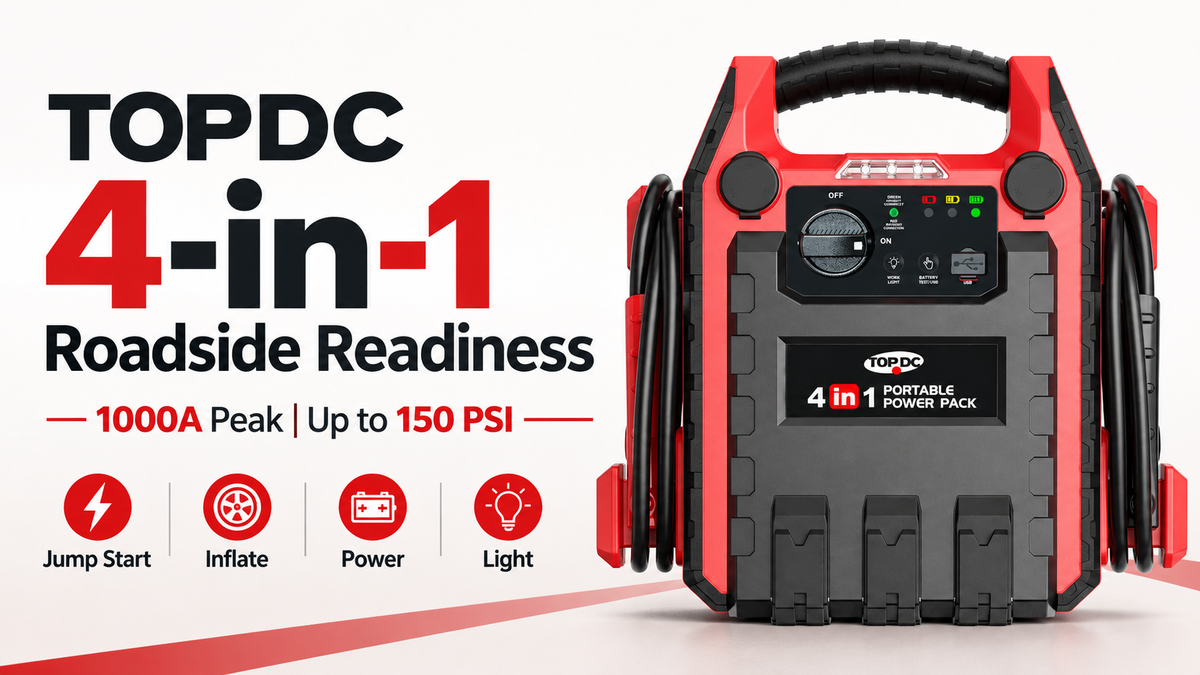 TOPDC 4-in-1 jump starter: 1000A peak current, up-to-150-PSI air compressor, portable power, and emergency lighting.