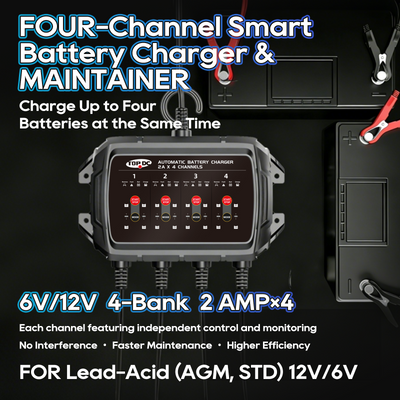 TOPDC four-channel battery charger charging four batteries simultaneously