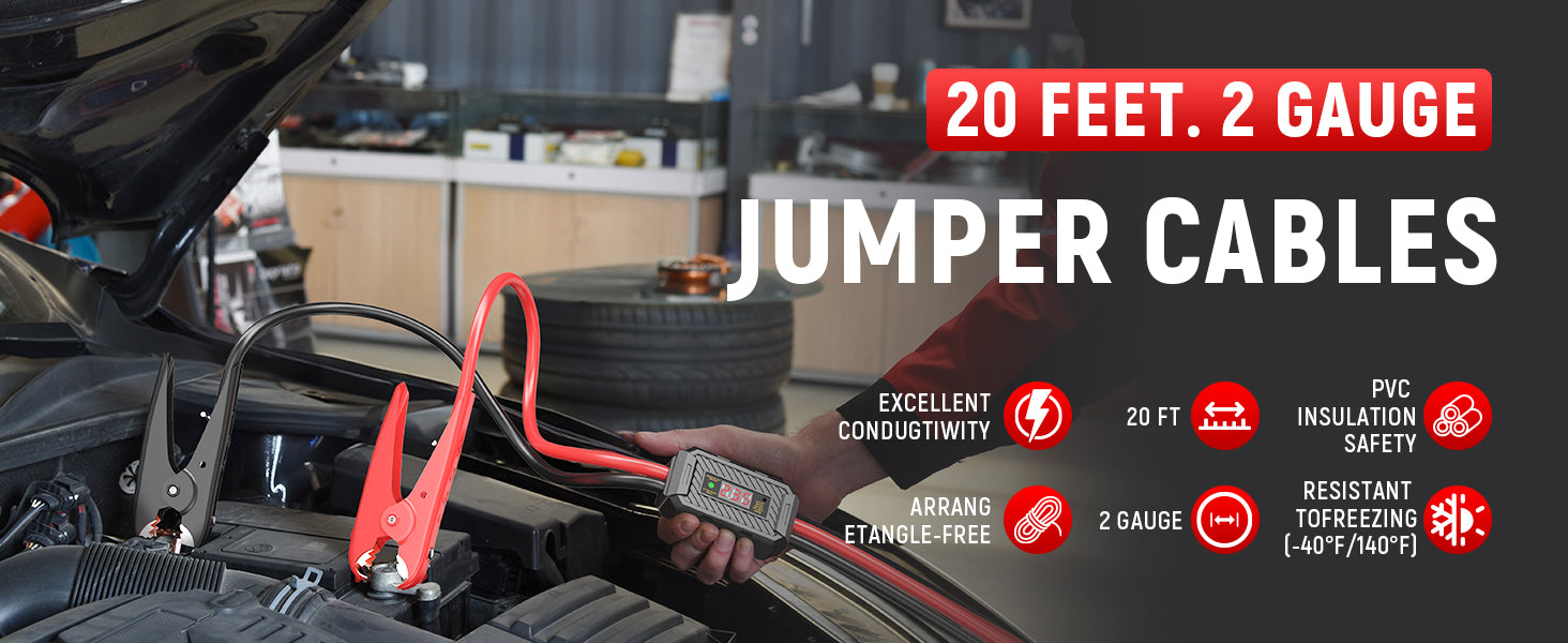 TOPDC 2 gauge 20 ft jumper cables with safety meter for 12V and 24V vehicle battery boosting