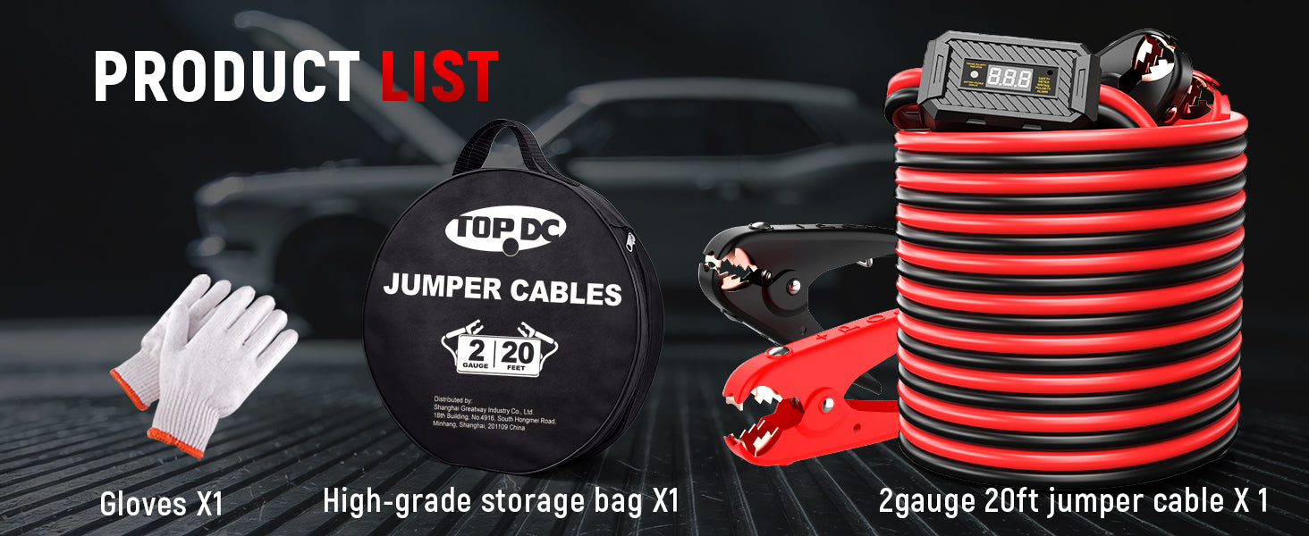 TOPDC 2 gauge 20 ft jumper cables package with clamps storage bag gloves and safety meter