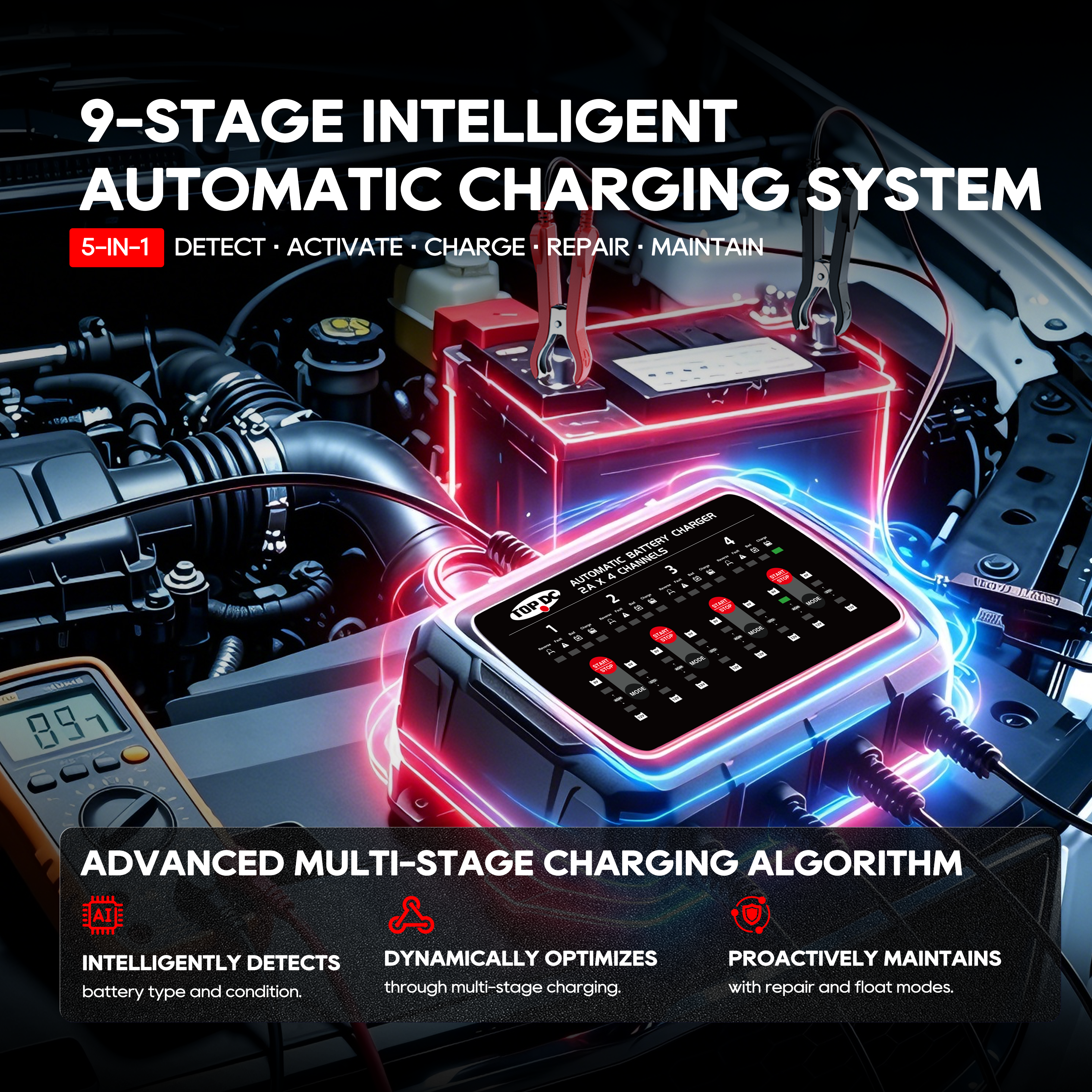 TOPDC 4-Bank 8A Battery Charger for Multi-Vehicle Care