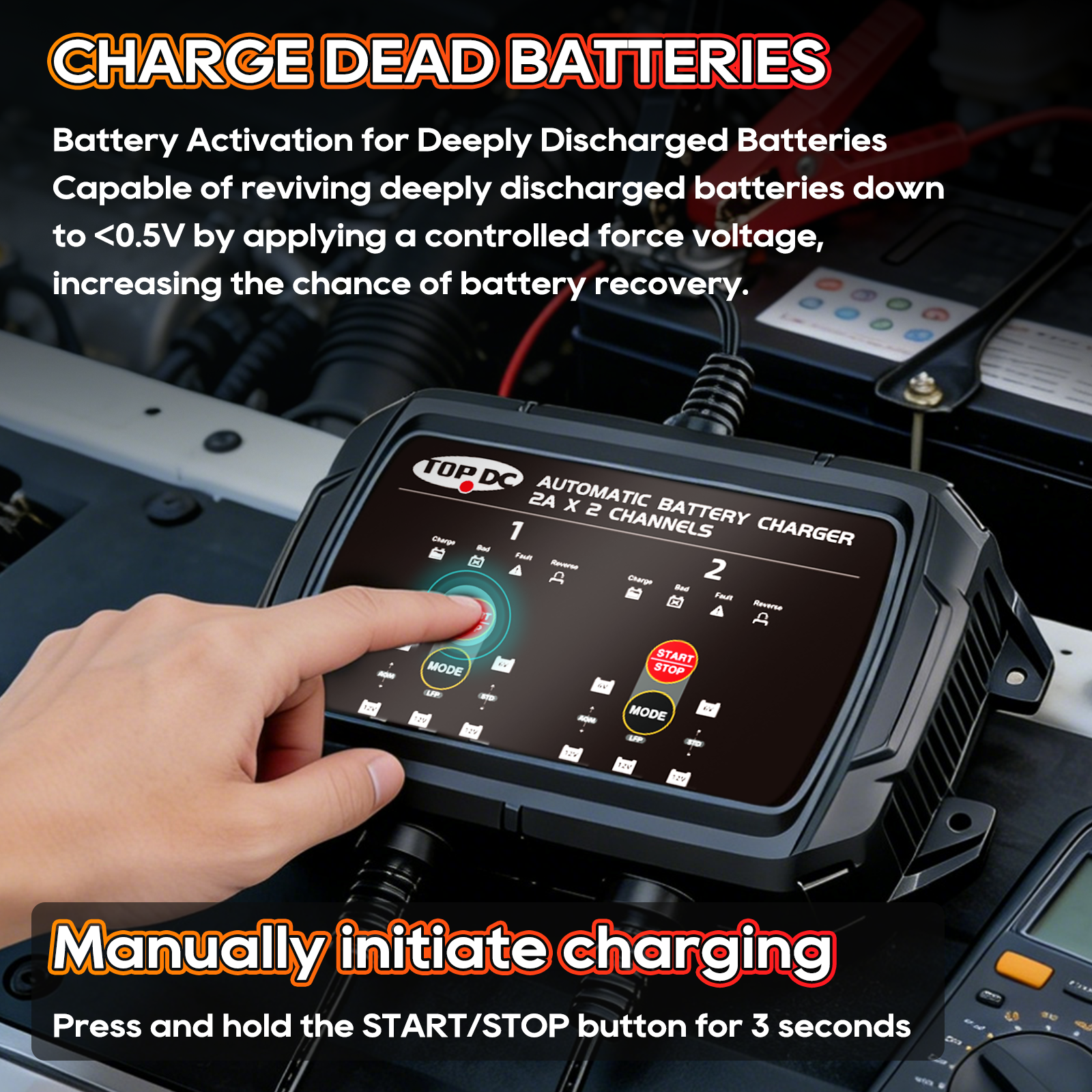 TOPDC battery charger activation mode for deeply discharged batteries