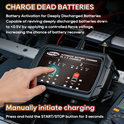 TOPDC battery charger activation mode for deeply discharged batteries