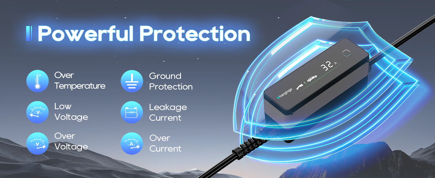 Chargingo 32A portable EV charger with multiple safety protections for home and outdoor EV charging