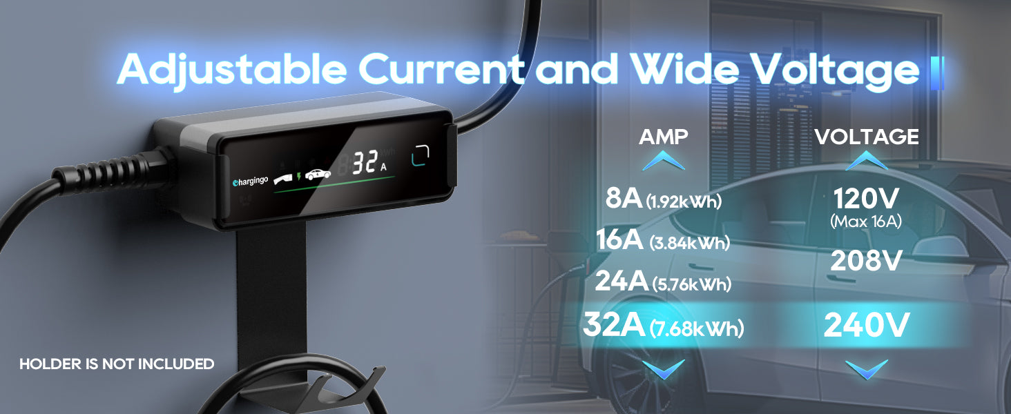 Chargingo 32A Tesla charger with adjustable current and wide voltage support for 120V 208V and 240V