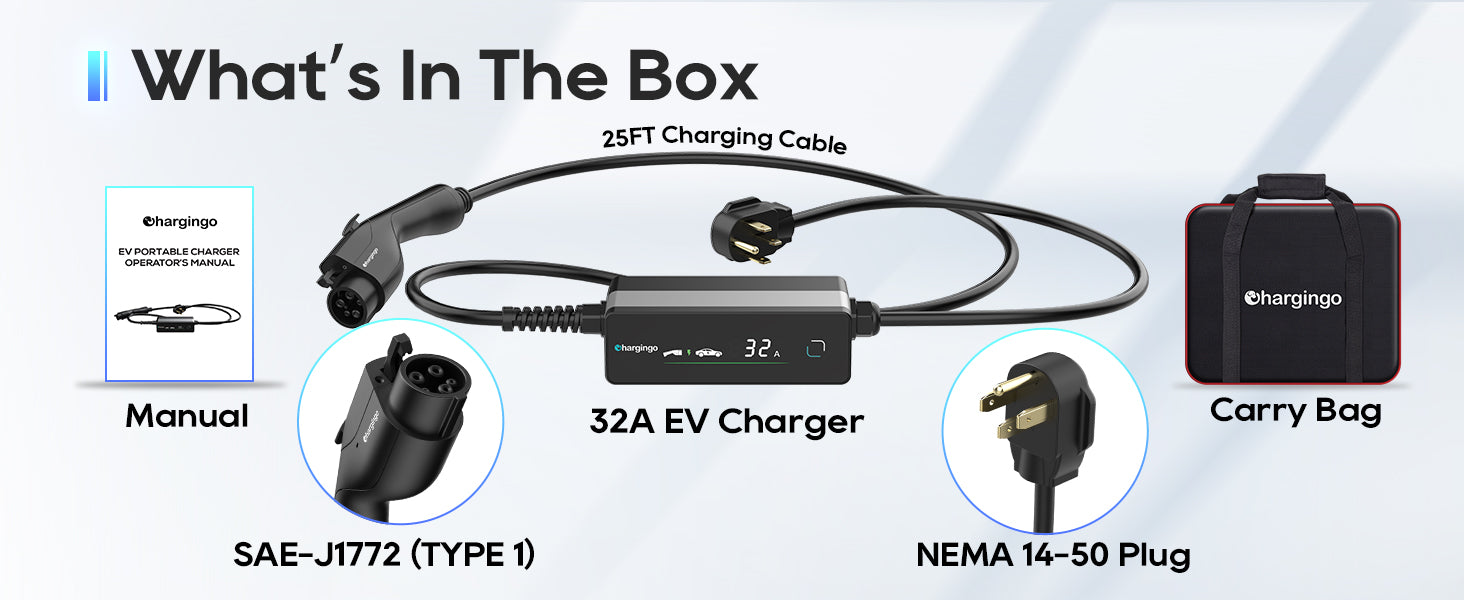 Chargingo 32A EV charger kit with SAE J1772 Type 1 connector NEMA 14-50 plug manual and carry bag