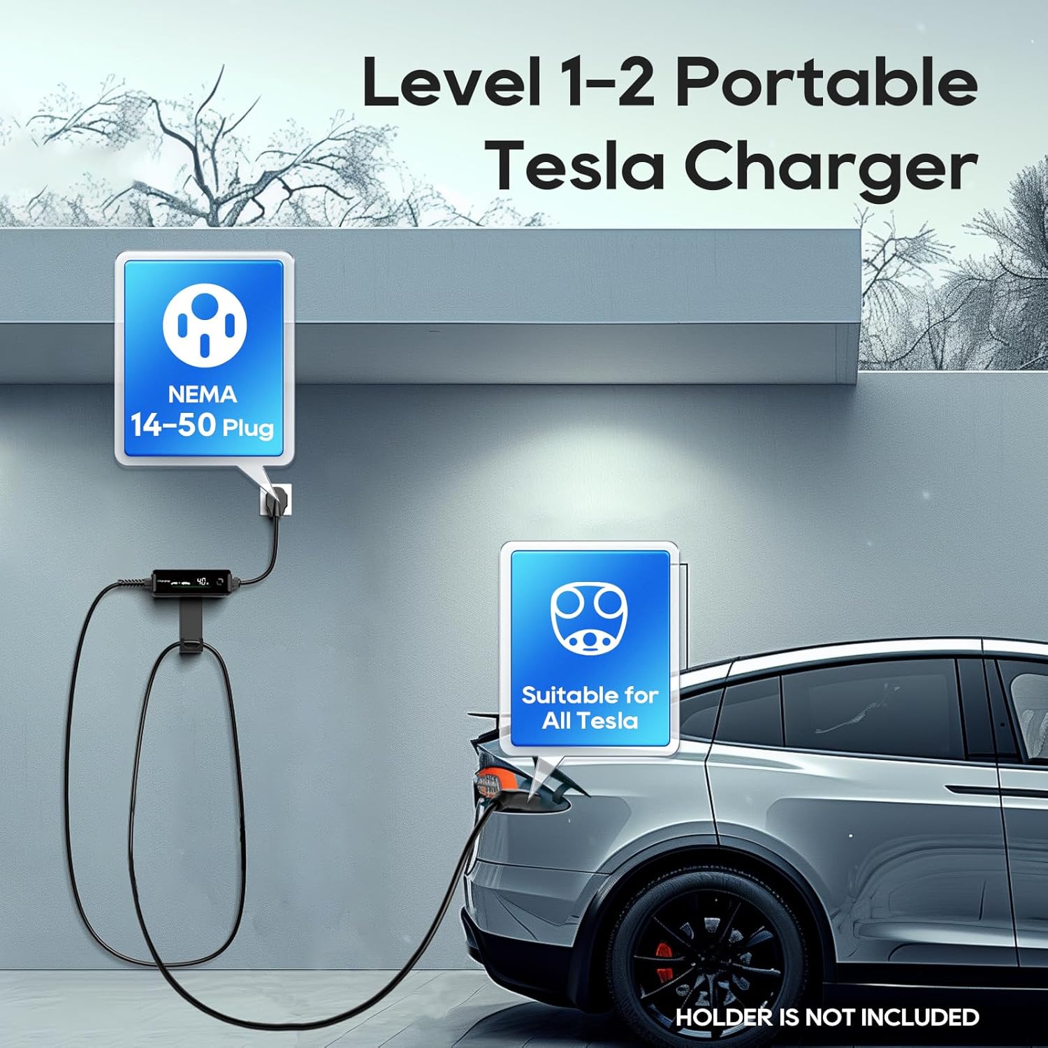 Portable Level 2 Tesla EV Charger 40A NEMA 14-50, 25ft NACS Adjustable