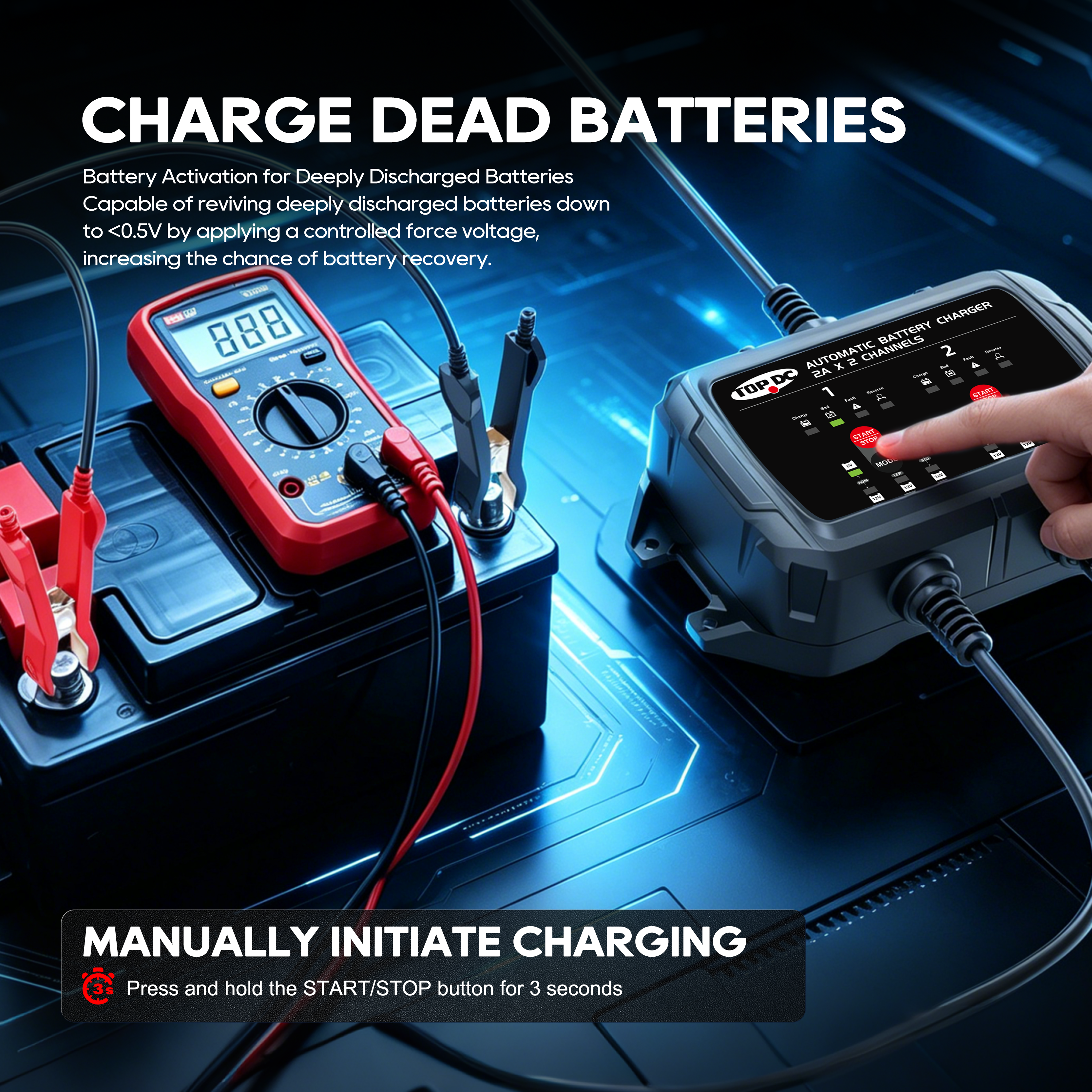 TOPDC 2-Bank 4A 6V/12V Battery Charger for Dual-Battery Care