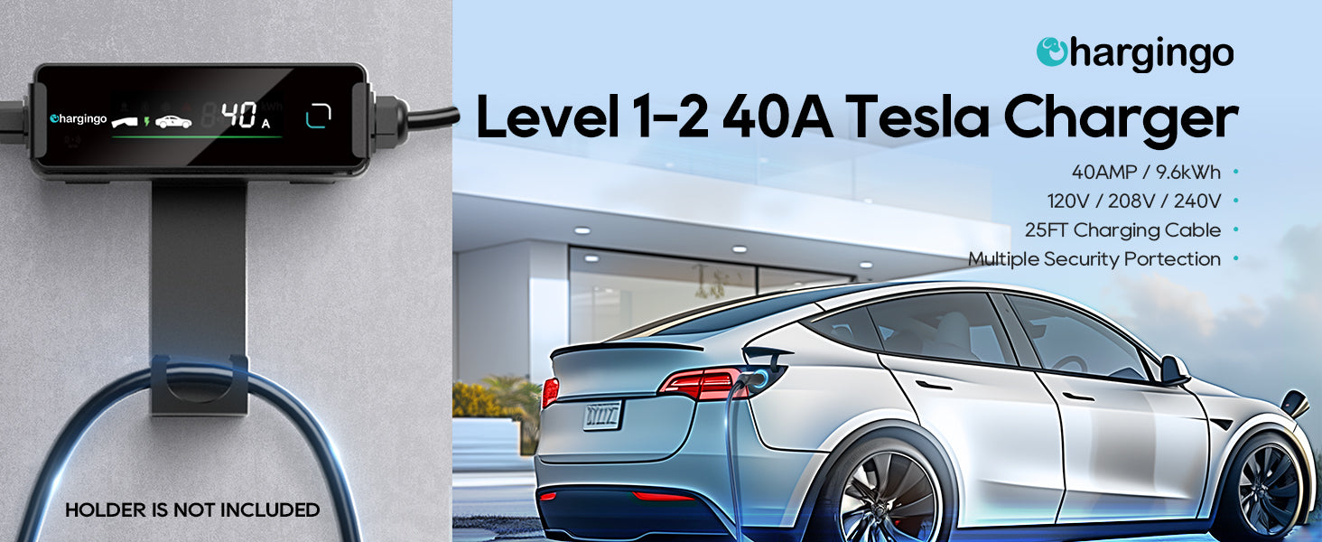 Chargingo Level 1 and Level 2 40A Tesla charger with 9.6kW output 25ft cable and safety protection