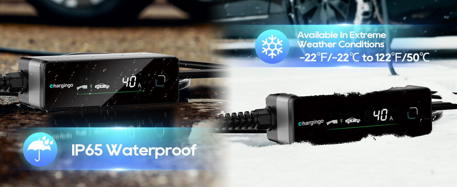 Chargingo IP65 waterproof 40A Tesla charger for rain snow and extreme weather home EV charging