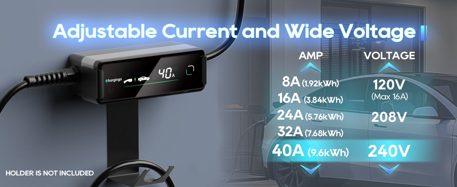 Chargingo 40A Tesla charger with adjustable current and wide voltage support for 120V 208V and 240V