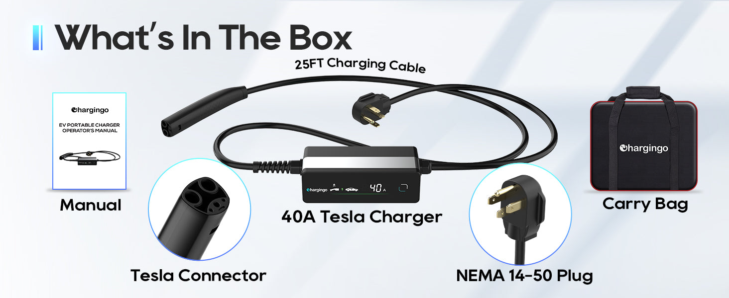 Chargingo 40A Tesla charger kit with 25ft charging cable NEMA 14-50 plug Tesla connector and carry bag