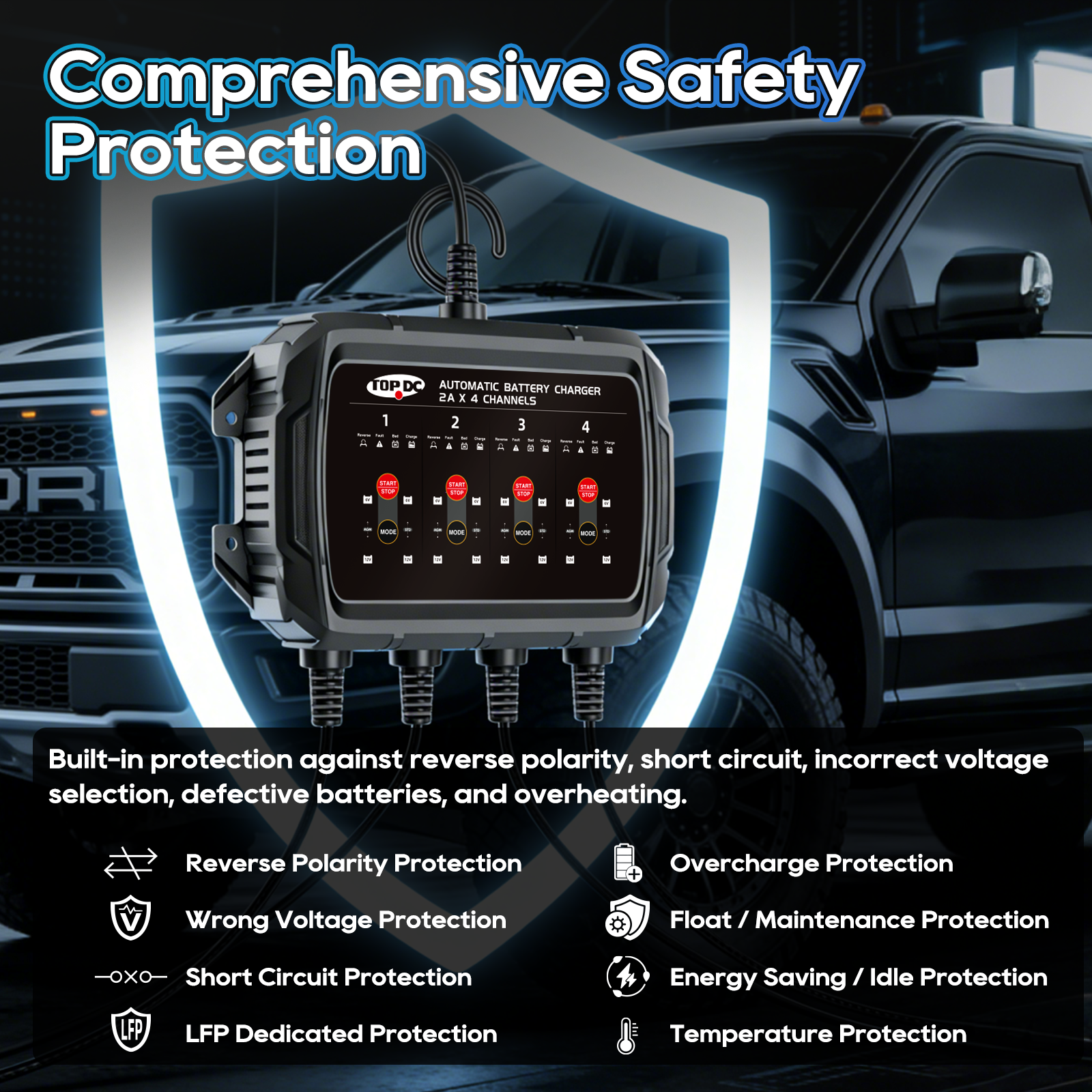TOPDC battery charger with advanced multi-layer safety protection