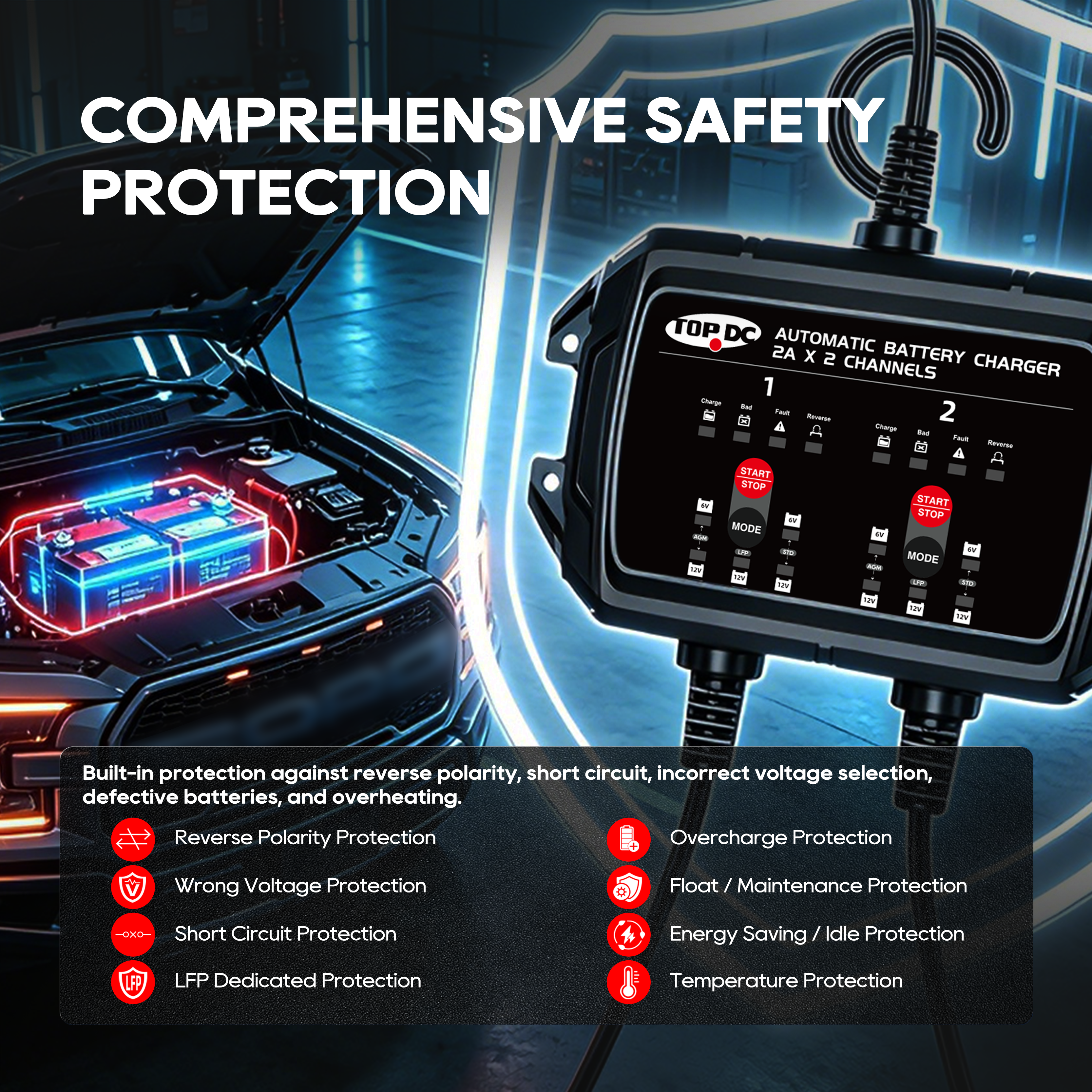 TOPDC 2-Bank 4A 6V/12V Battery Charger for Dual-Battery Care