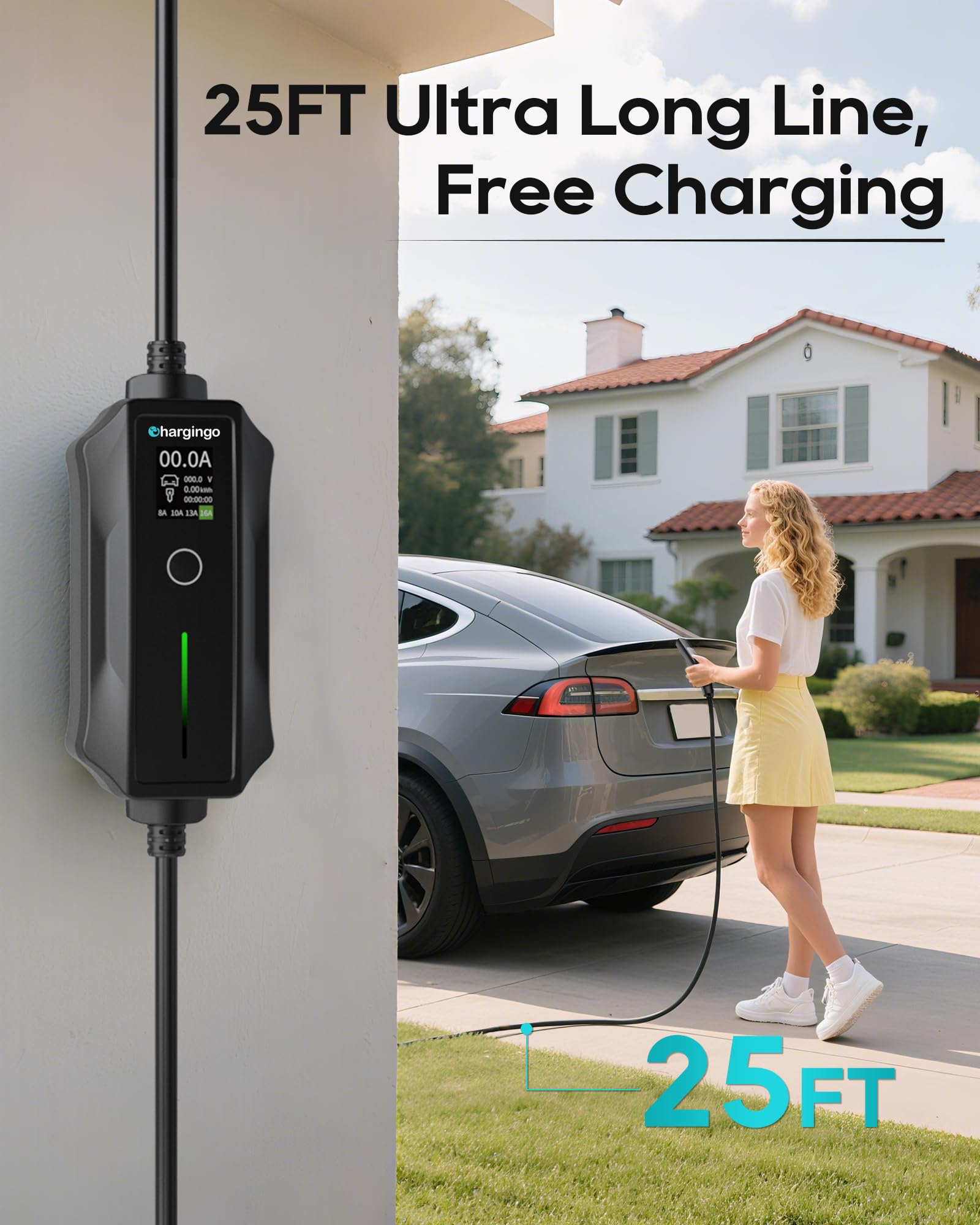 Chargingo 16A Portable EV Charger | 120V/240V Level 1+2, J1772, 25-ft Cable