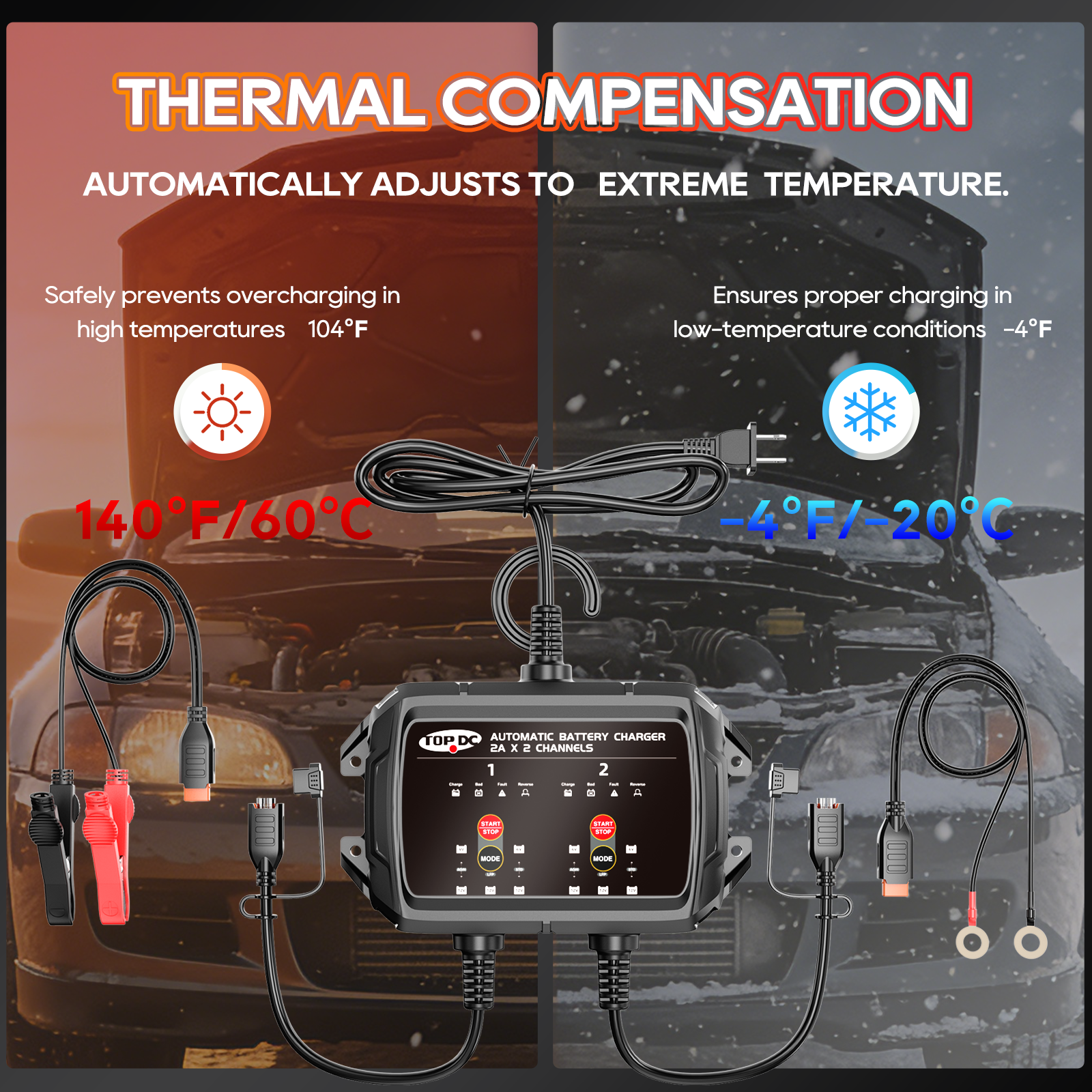 TOPDC smart charger with thermal compensation for hot and cold temperatures