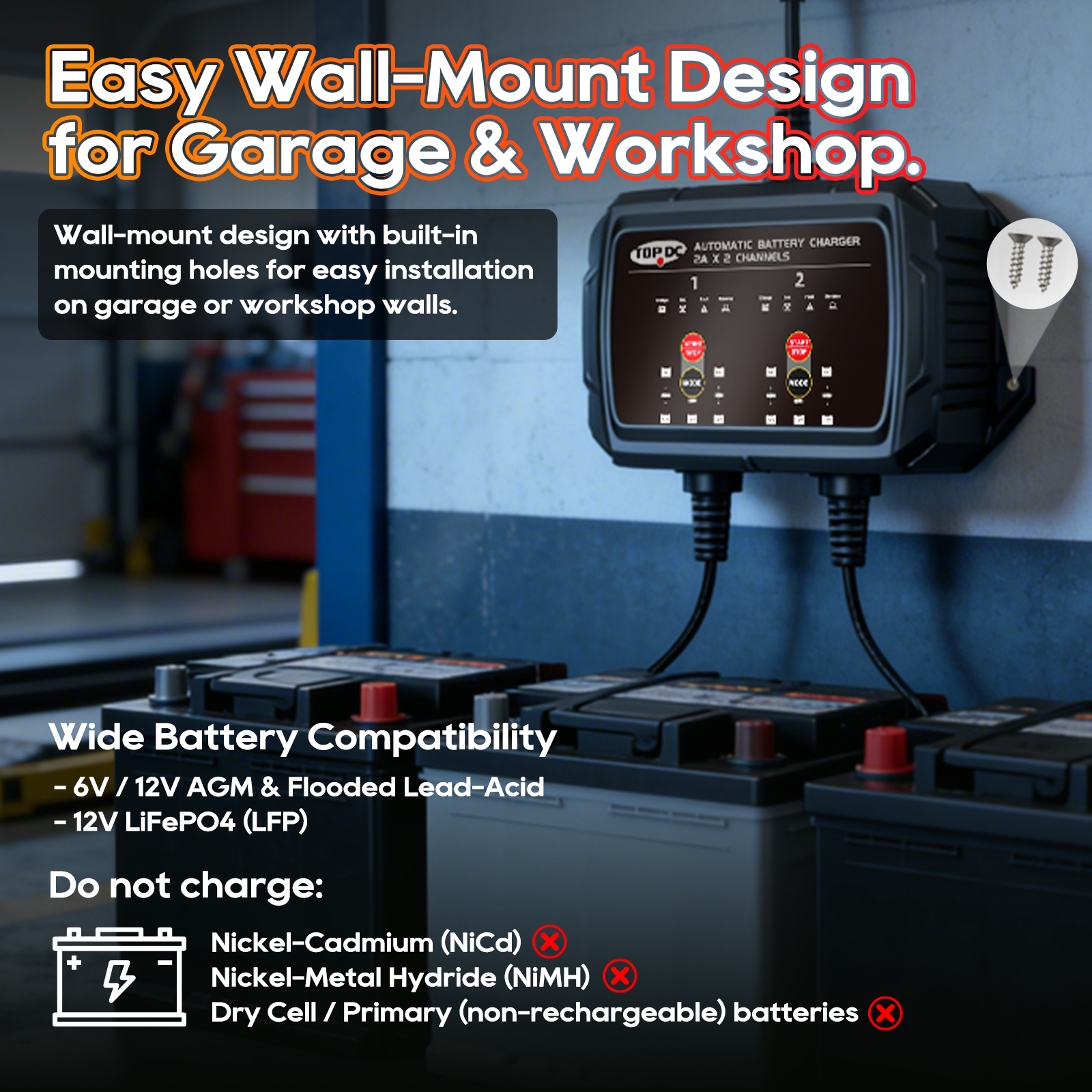 TOPDC wall-mount dual battery charger for garage and workshop use