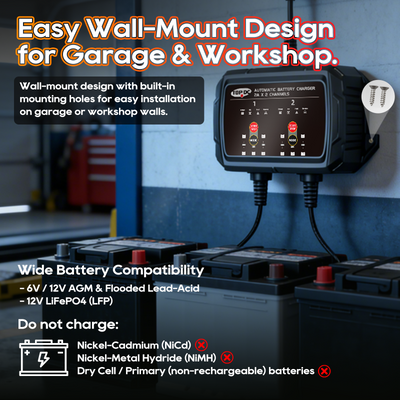 TOPDC wall-mount dual battery charger for garage and workshop use