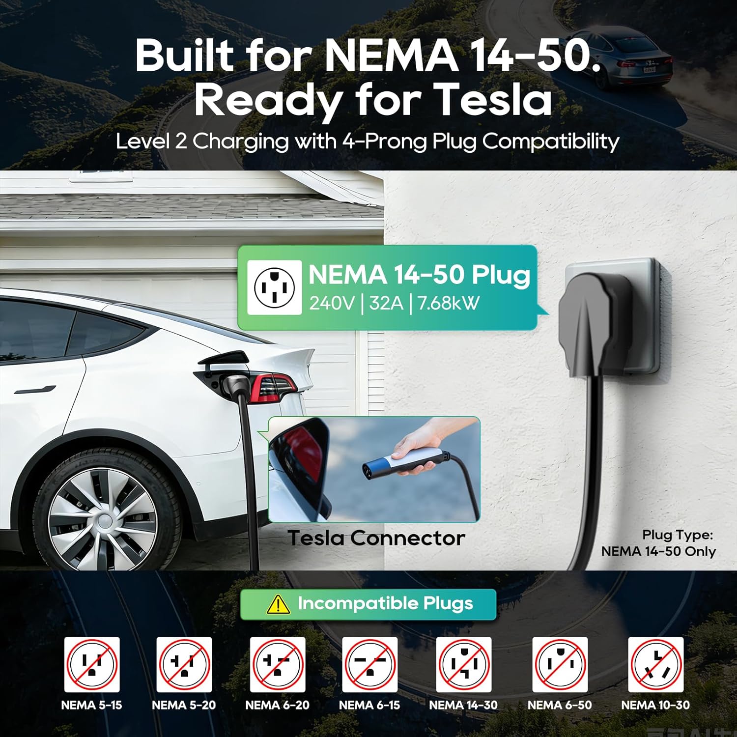 Chargingo 32A Portable Tesla EV Charger | NACS, NEMA 14-50, 25-ft Cable