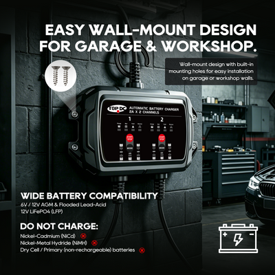 TOPDC 2-Bank 4A 6V/12V Battery Charger for Dual-Battery Care