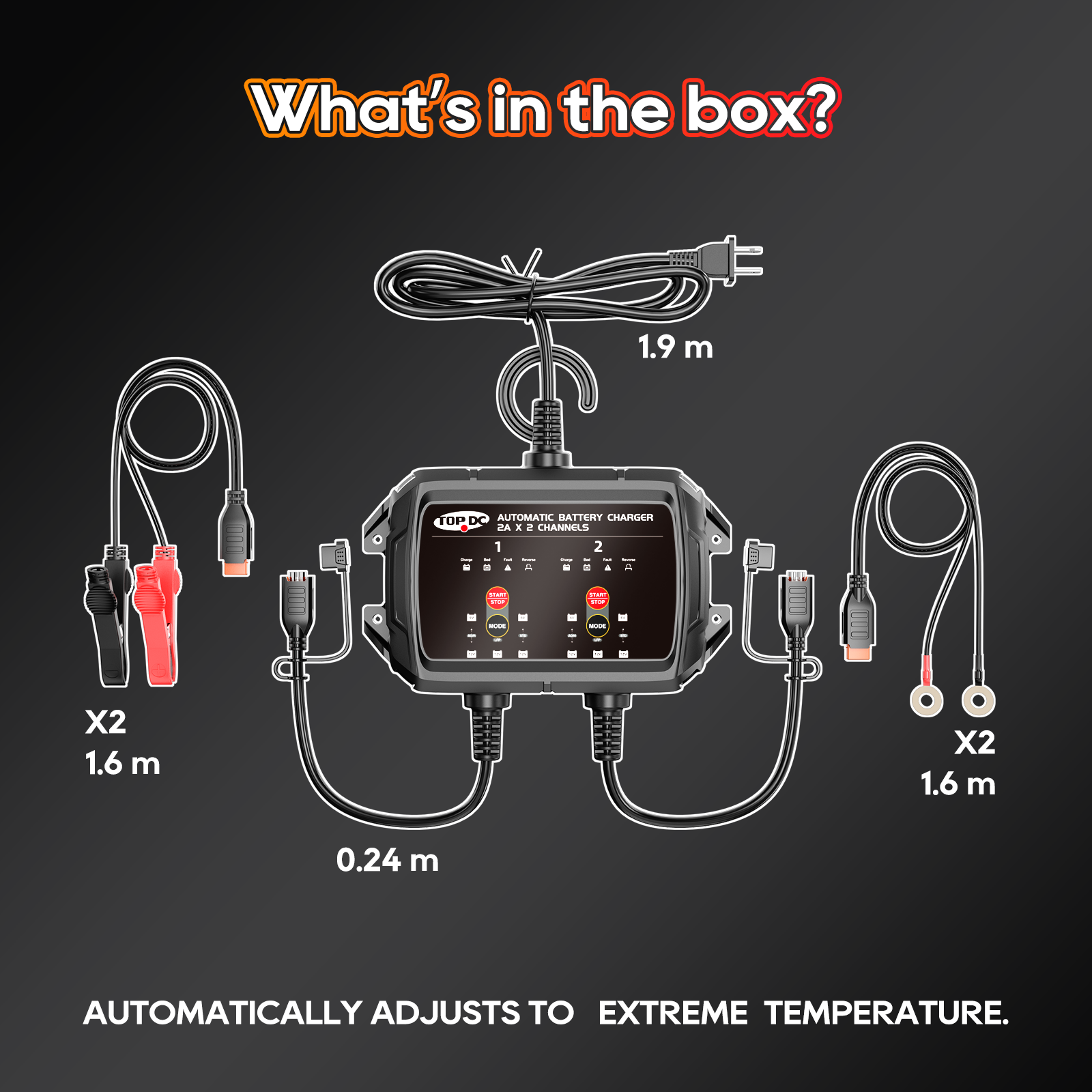 TOPDC dual battery charger package contents with cables and connectors