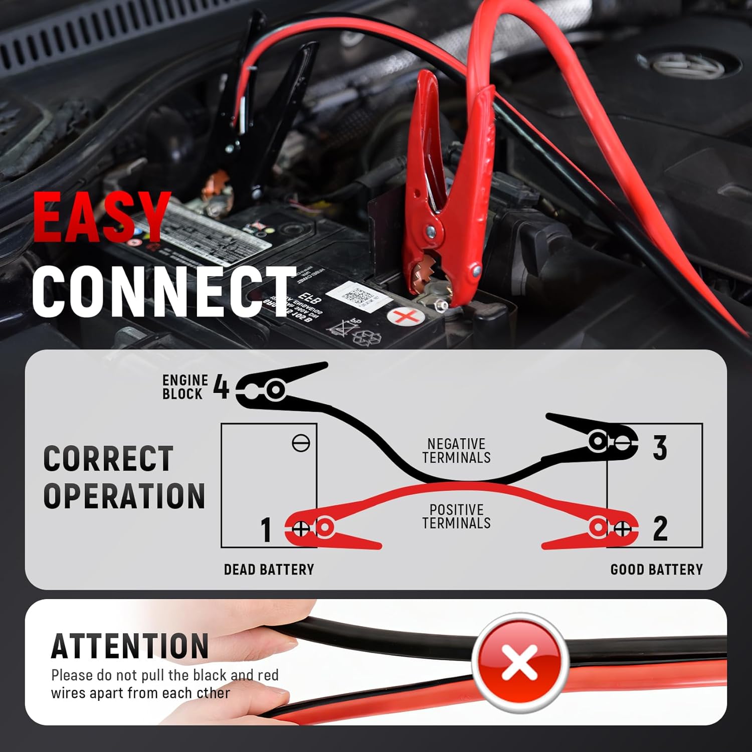 TOPDC 2 Gauge 20 Feet Jumper Cables with Reverse Polarity Protection with Carry Bag