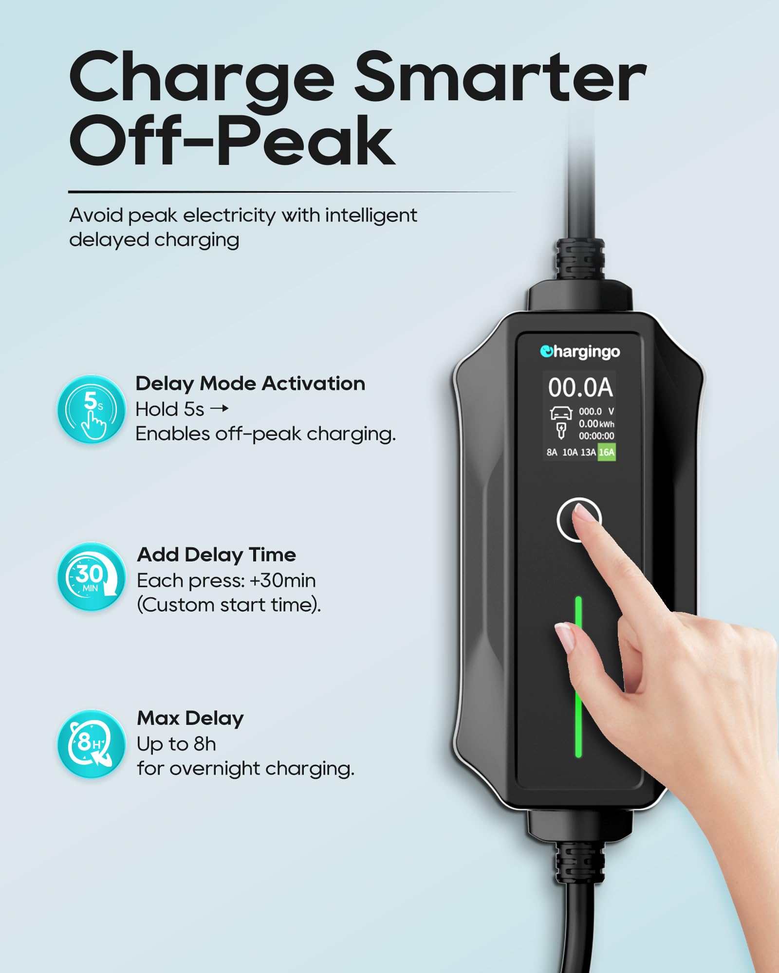 Chargingo 16A Portable EV Charger | 120V/240V Level 1+2, J1772, 25-ft Cable