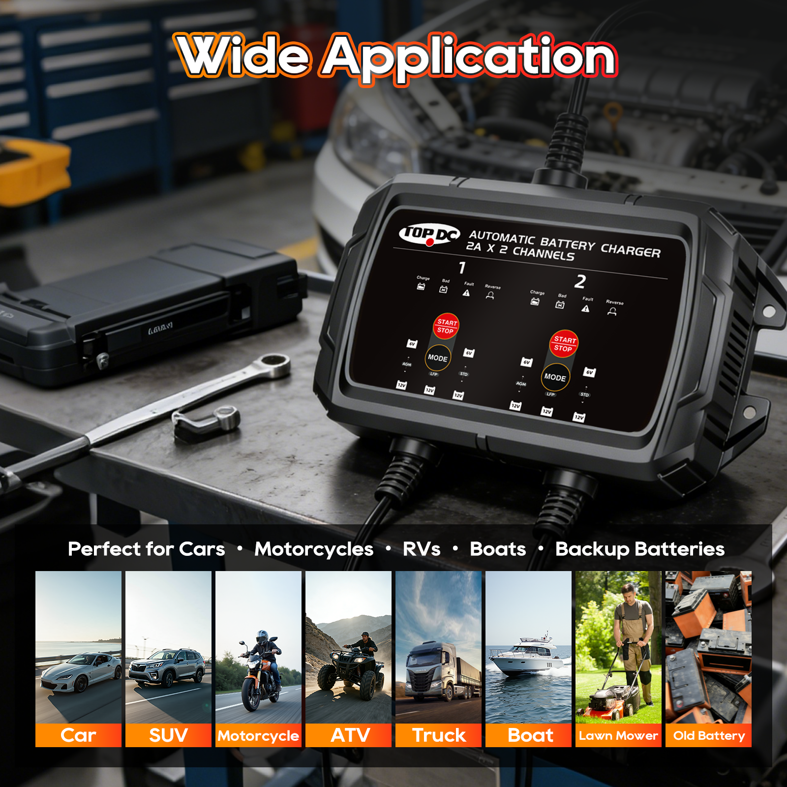 TOPDC smart battery charger for cars motorcycles boats RVs and ATVs
