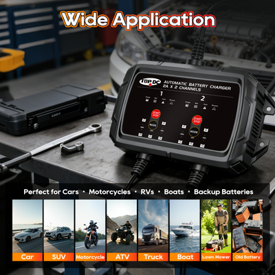 TOPDC smart battery charger for cars motorcycles boats RVs and ATVs