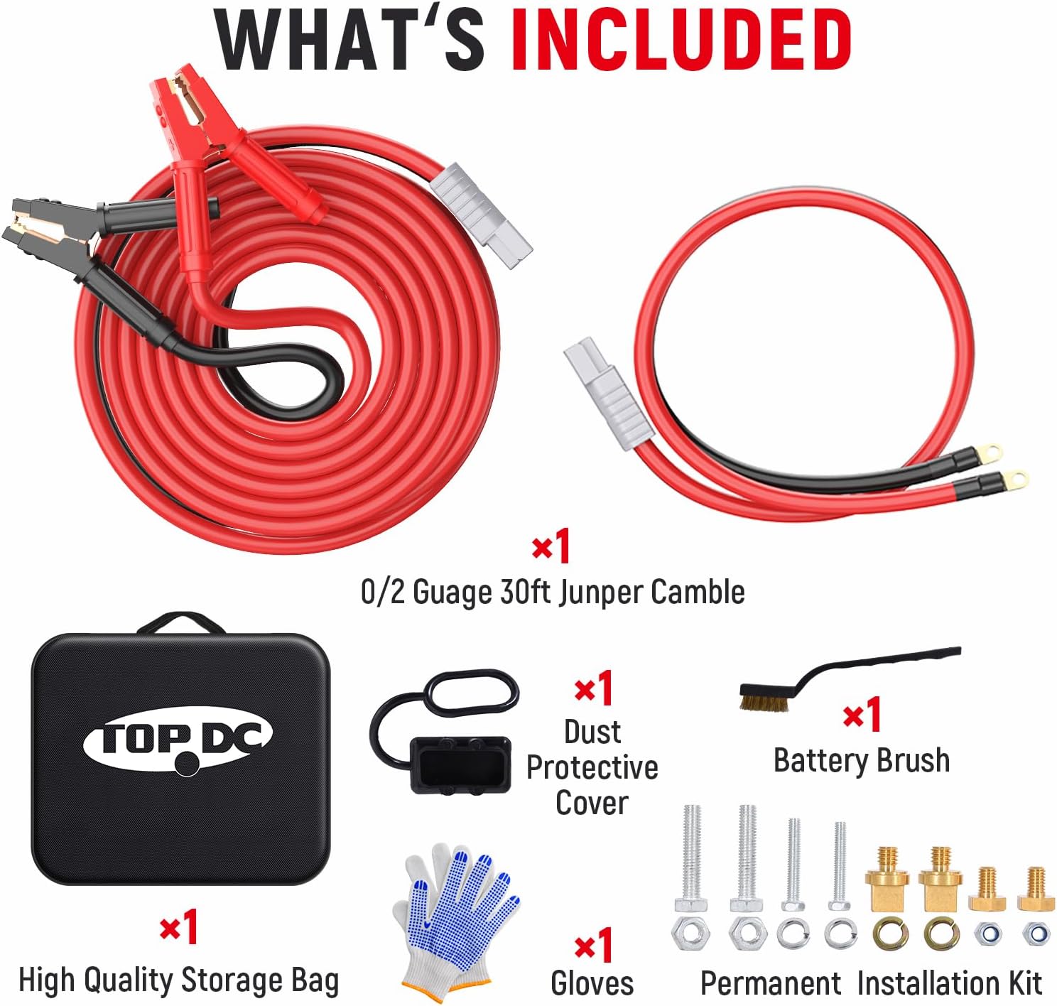 TOPDC 0 Gauge 30ft Jumper Cables with Quick Connect Plug