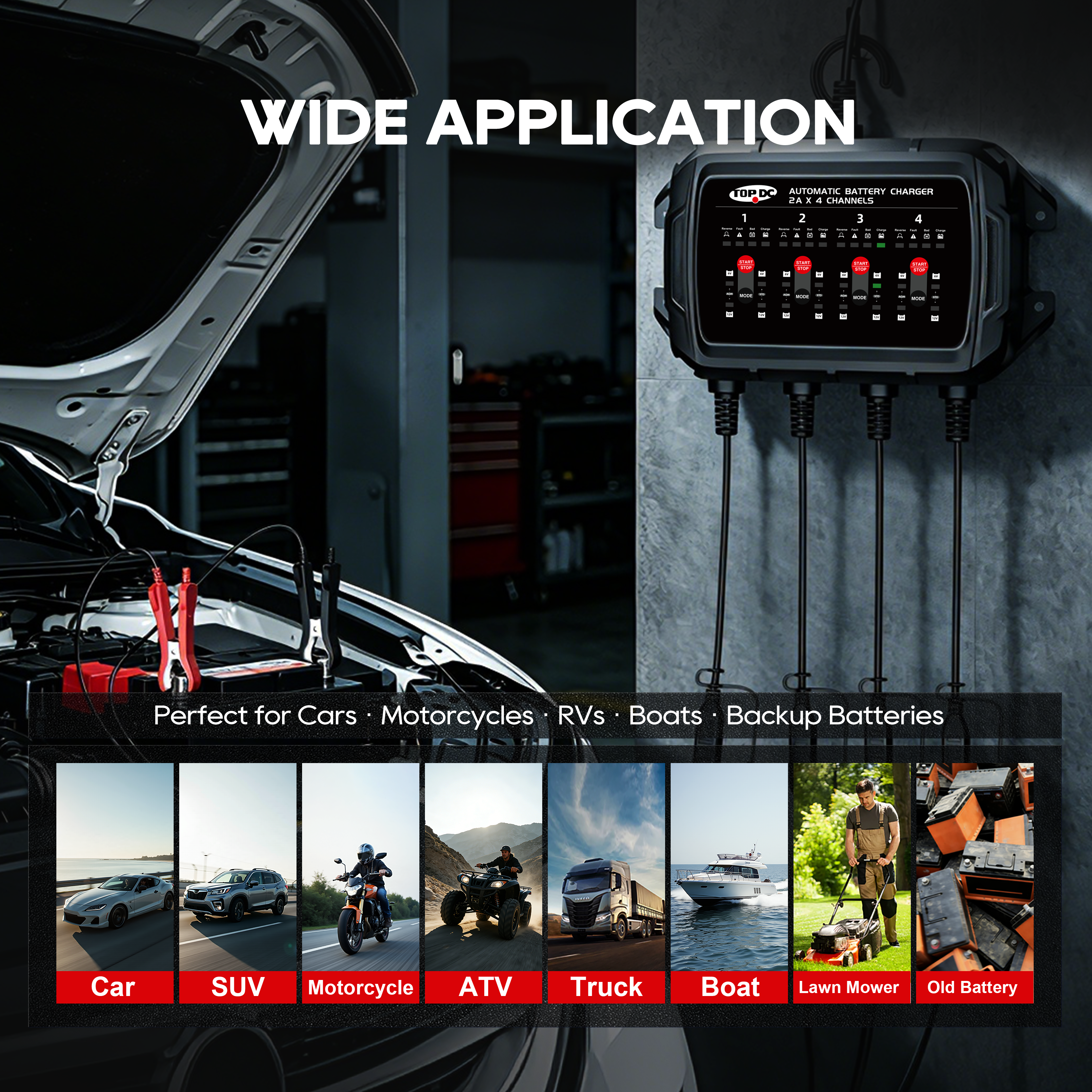 TOPDC 4-Bank 8A Battery Charger for Multi-Vehicle Care